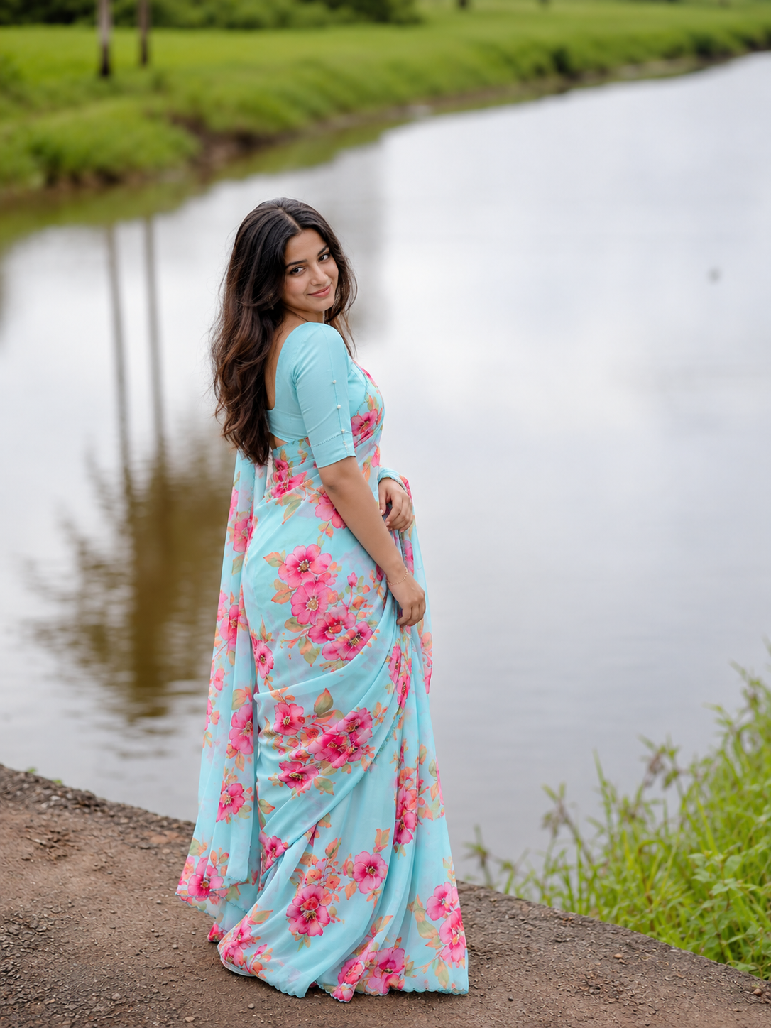 Varnika Pure Chinon Silk Saree | Floral Print & Khatli Handwork