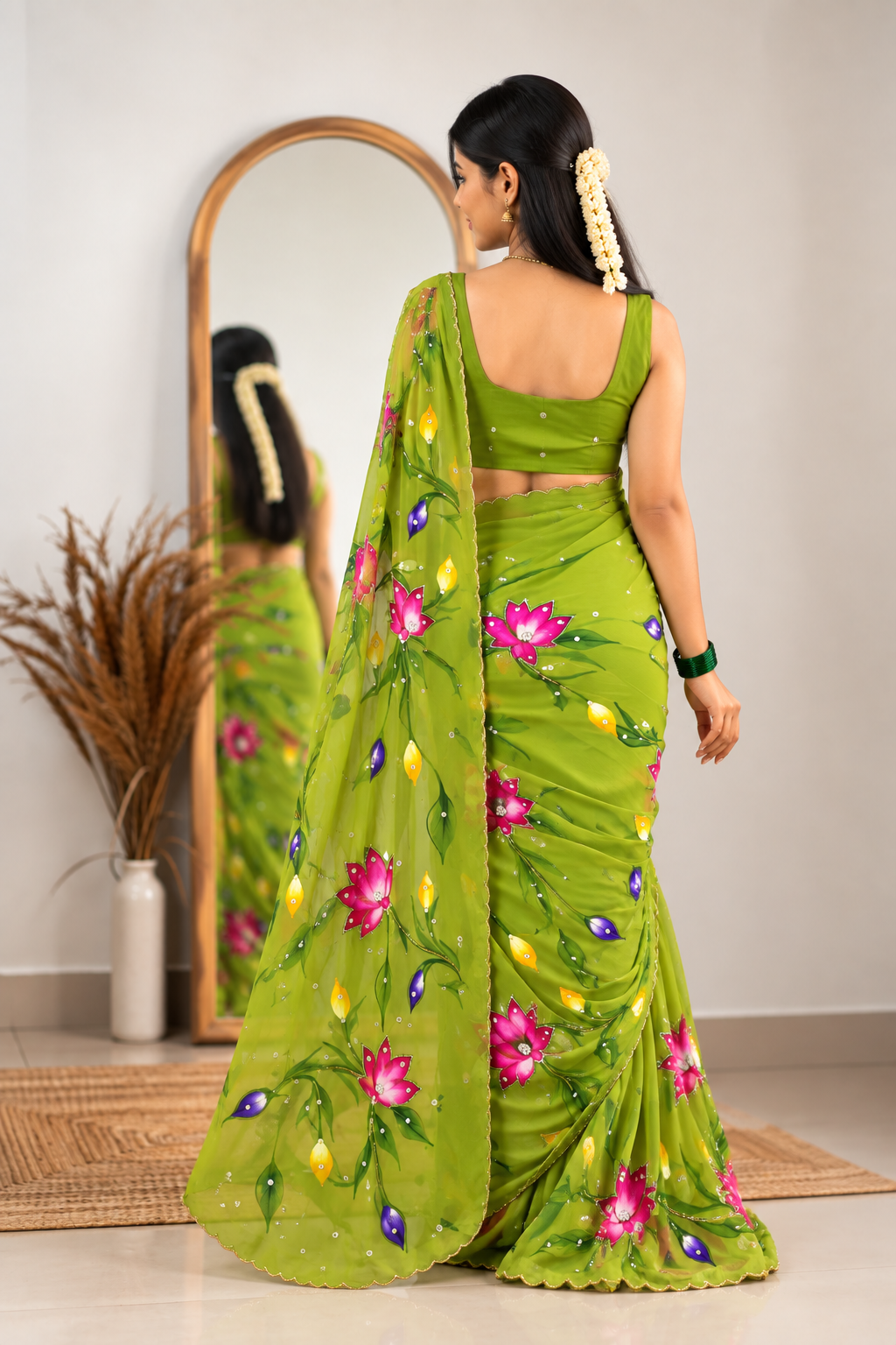 Chitrali Pure Chiffon Saree | Hand-Painted Floral & Khatli Work