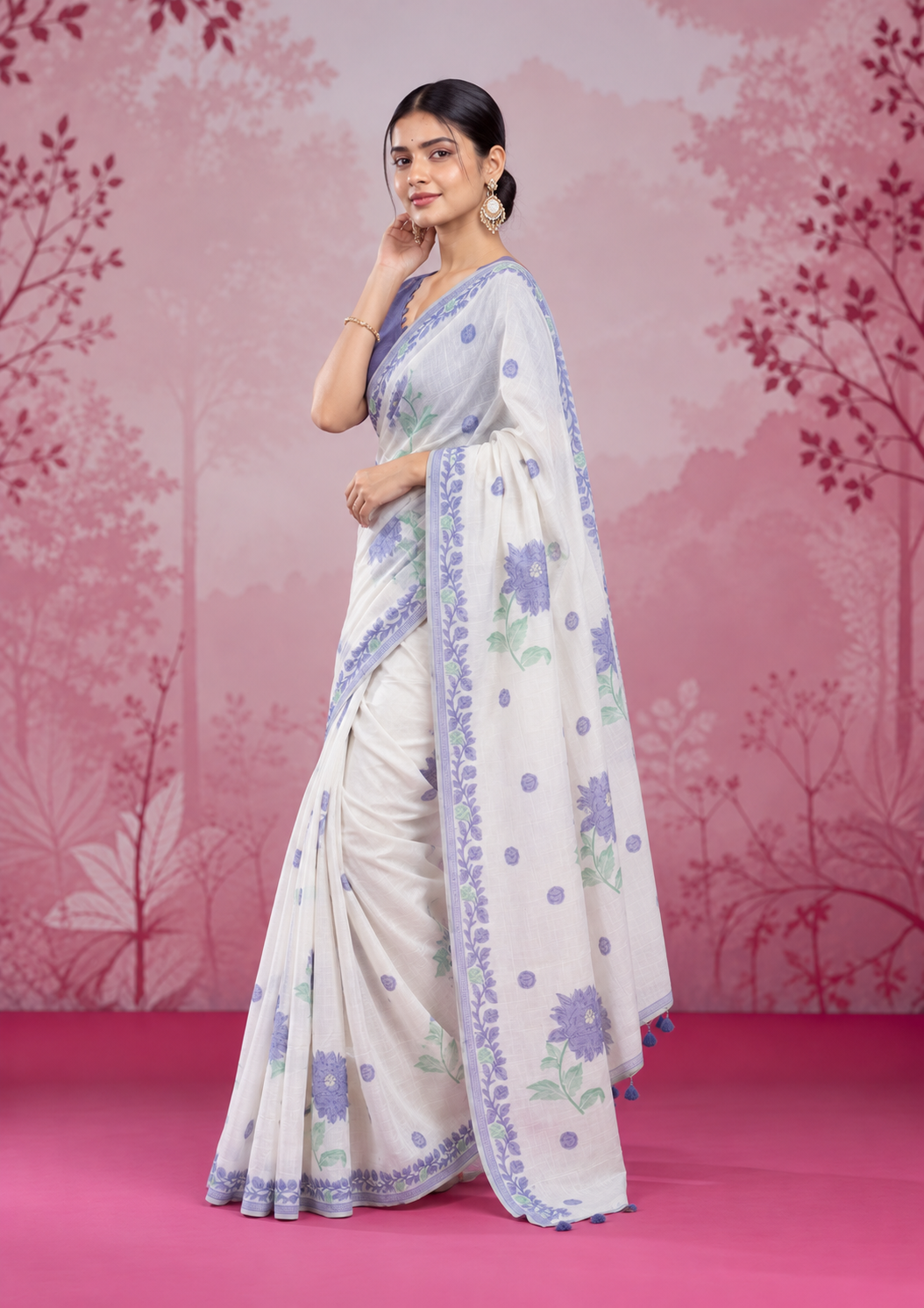 Mogra Soft Muga Cotton Saree | Jamdani Woven Border & Resham Butta