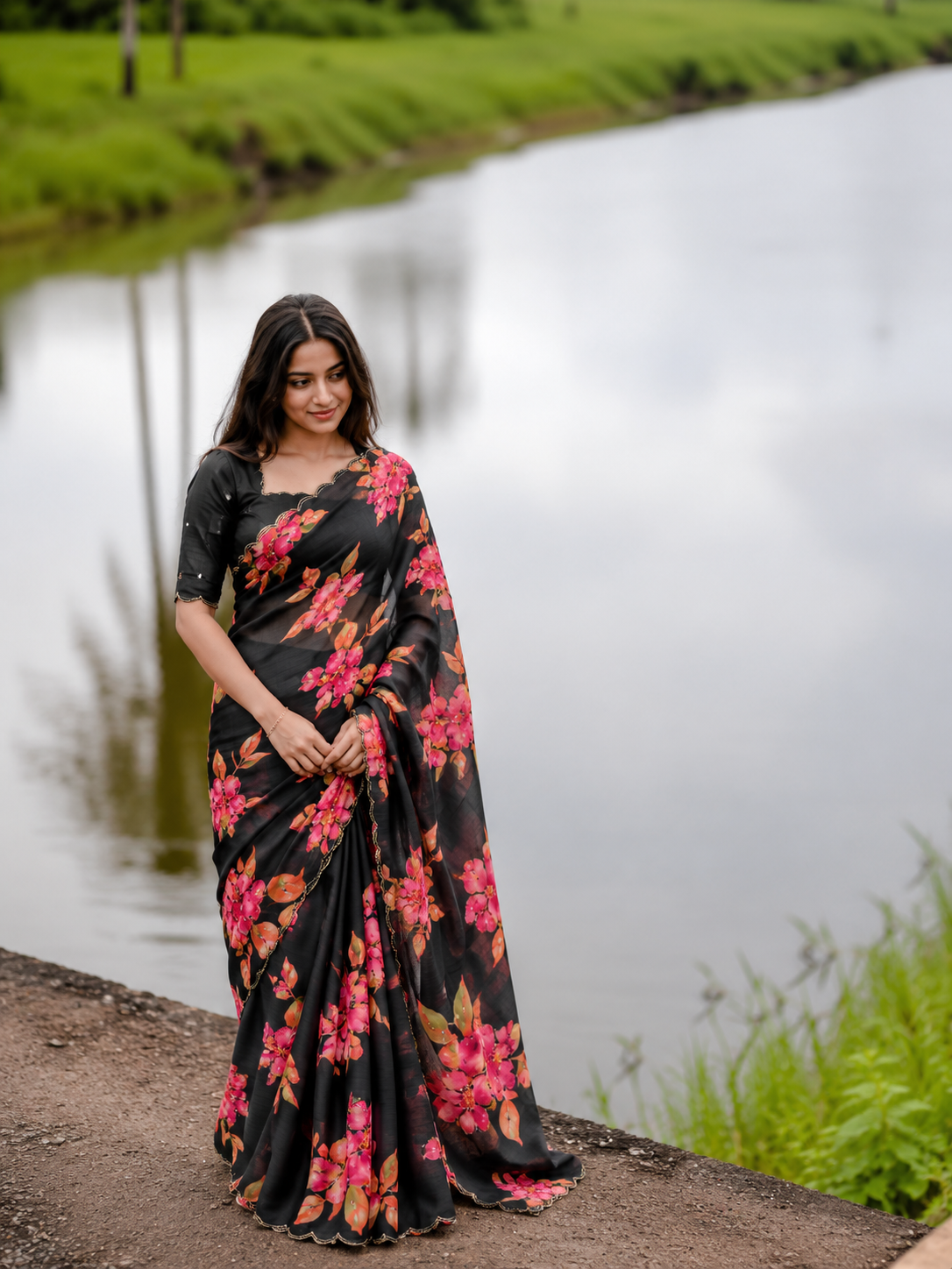 Varnika Pure Chinon Silk Saree | Floral Print & Khatli Handwork