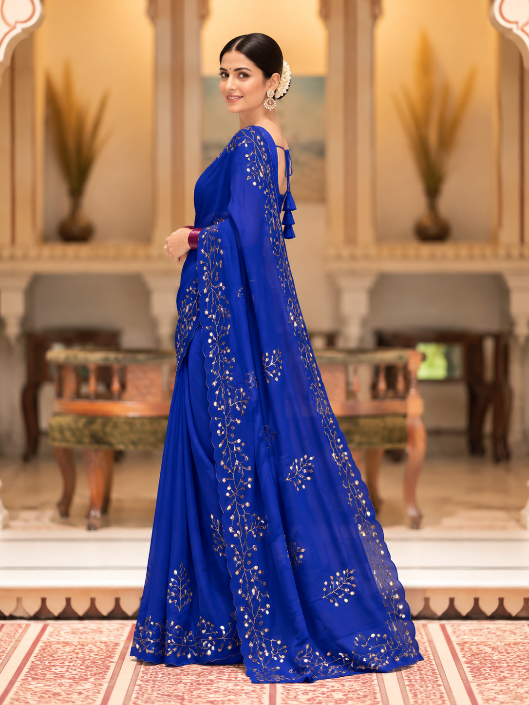 Evara Pure Georgette Saree | Handcrafted Mirror & Khatli Work