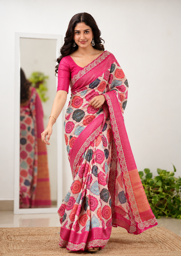 Dola Opulence Banarasi Saree | Multicolour Digital Print & Sequin Border