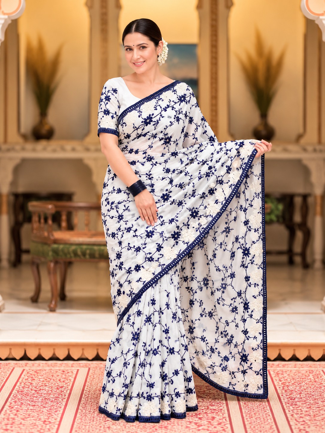 Kashida Georgette Saree | Chikankari & Cutwork Embroidery