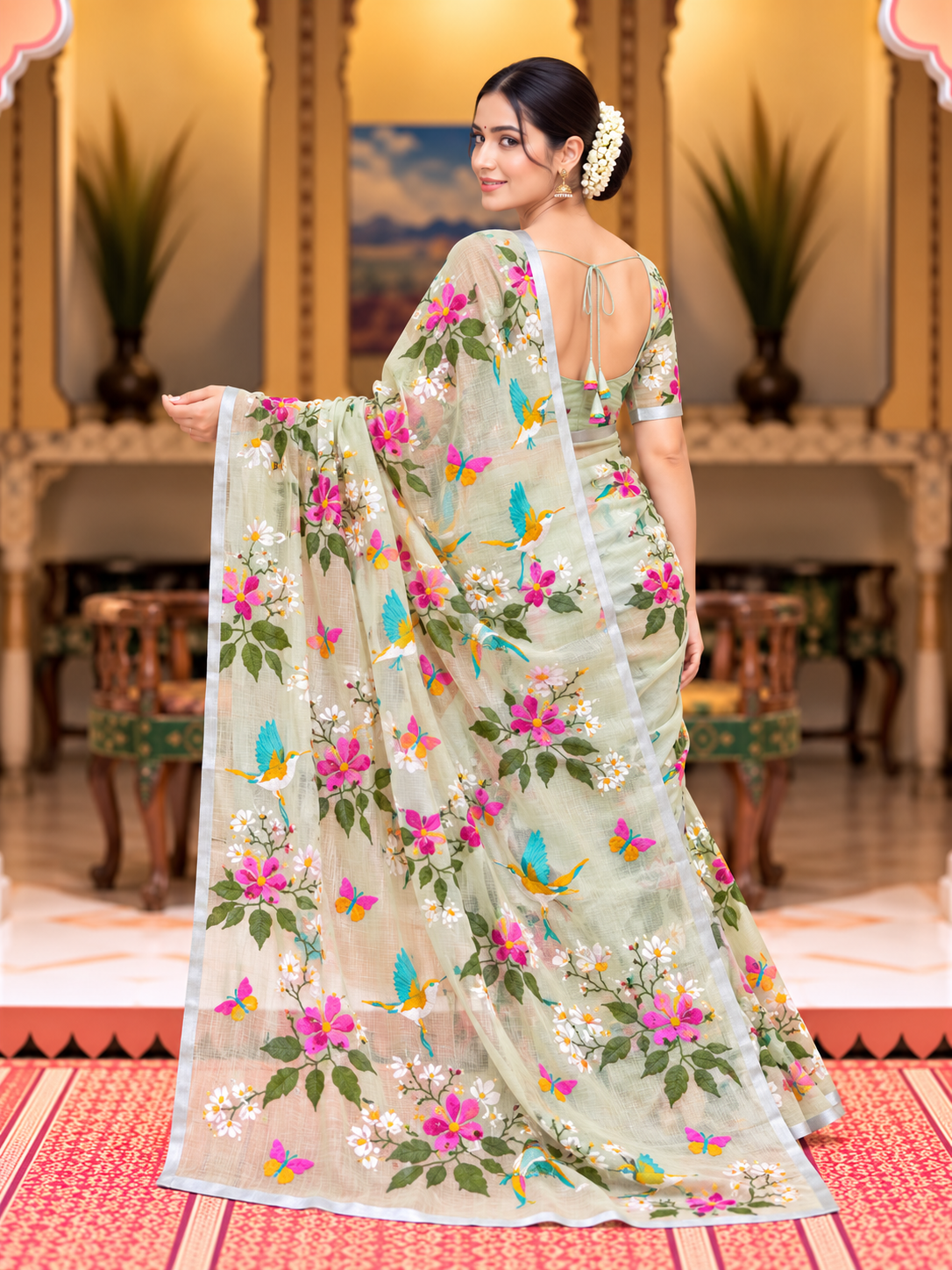 Meadow Song Pure Kota Doriya Saree | Floral & Bird Embroidery