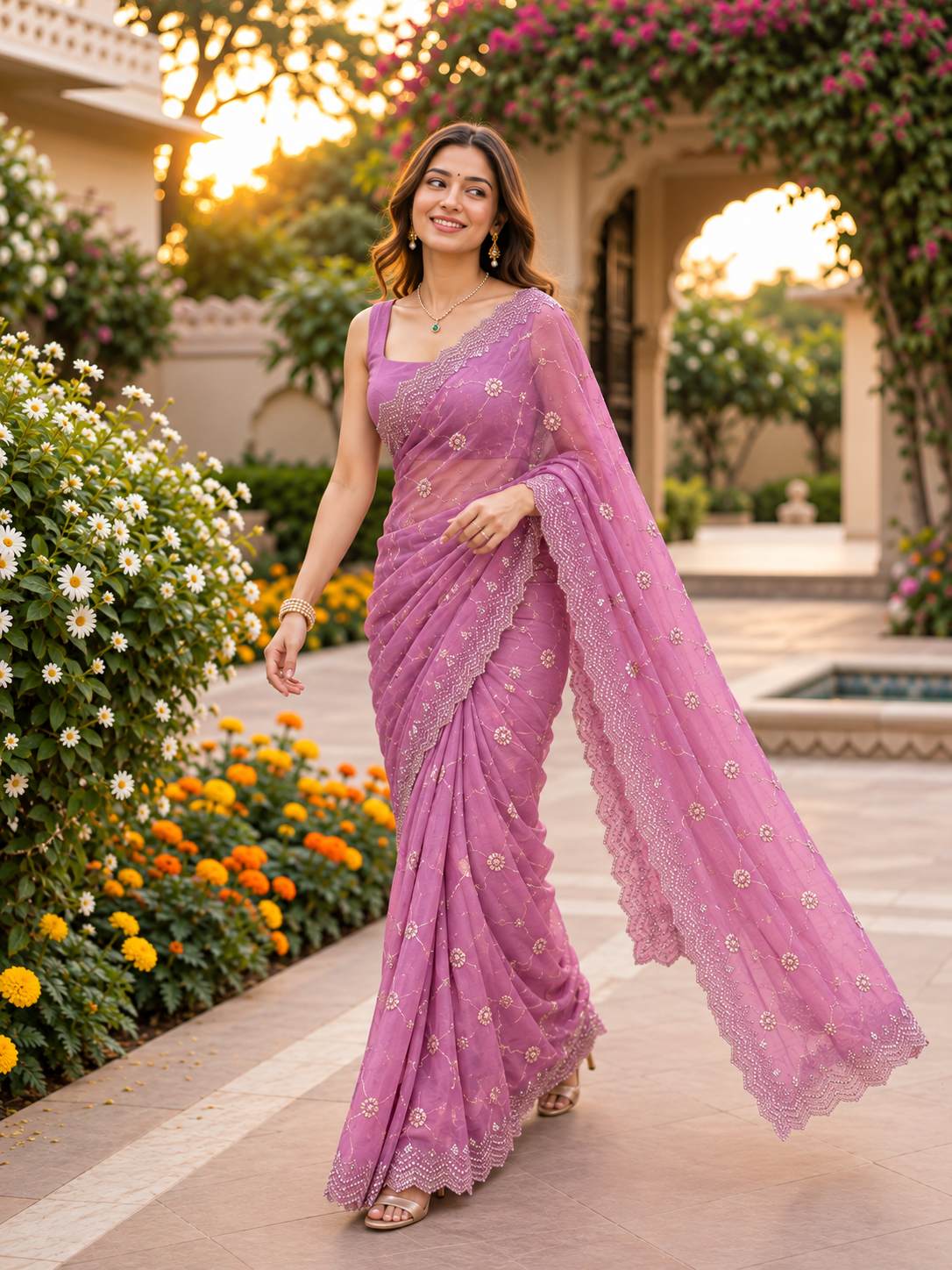 Rosé Soft Vari Chiffon Saree | Sequin & Bead Embroidery