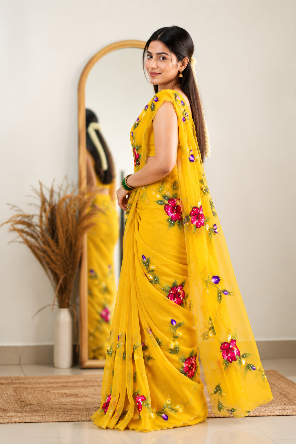 Chitrali Pure Chiffon Saree | Hand-Painted Floral & Khatli Work