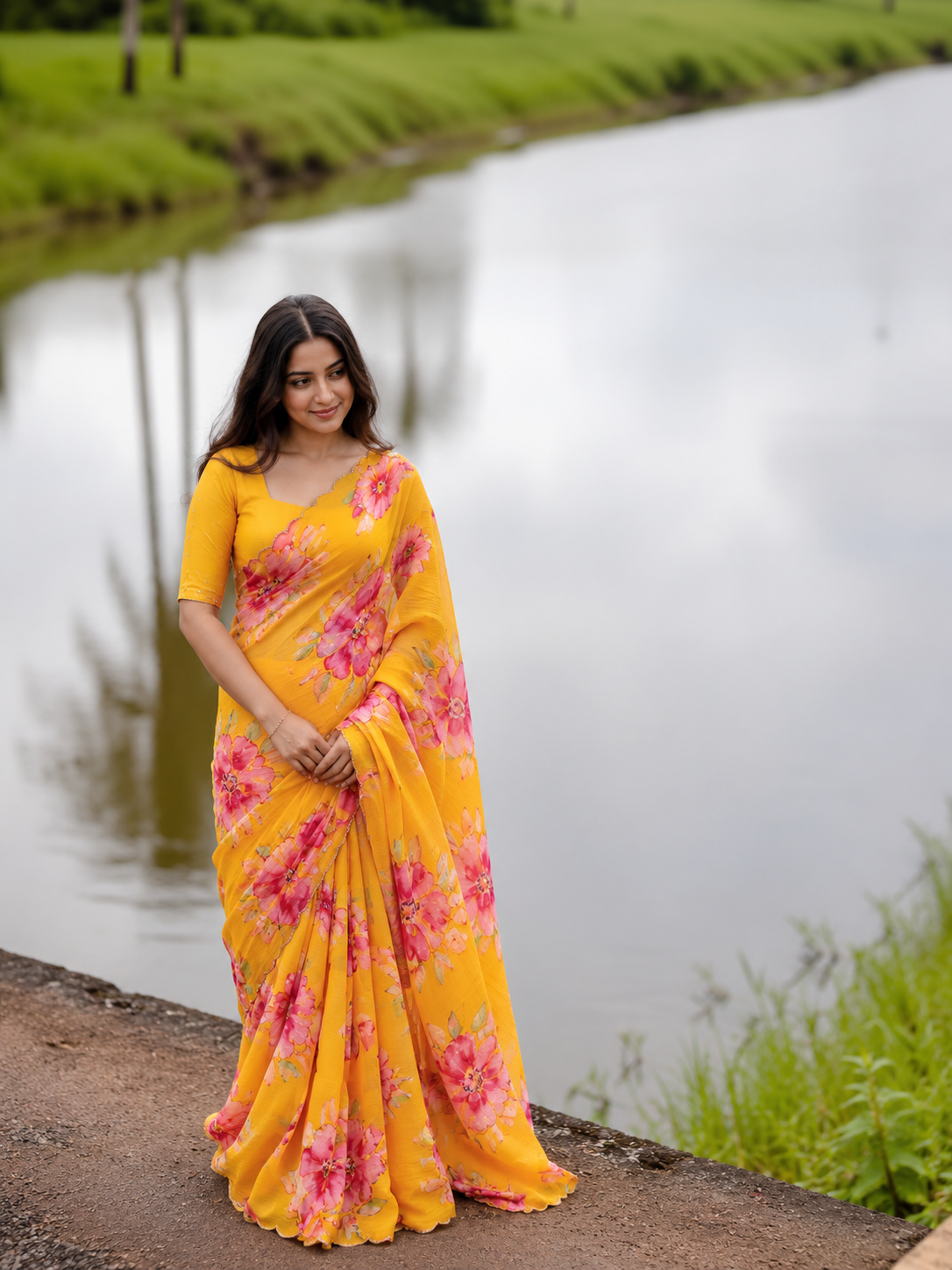 Varnika Pure Chinon Silk Saree | Floral Print & Khatli Handwork