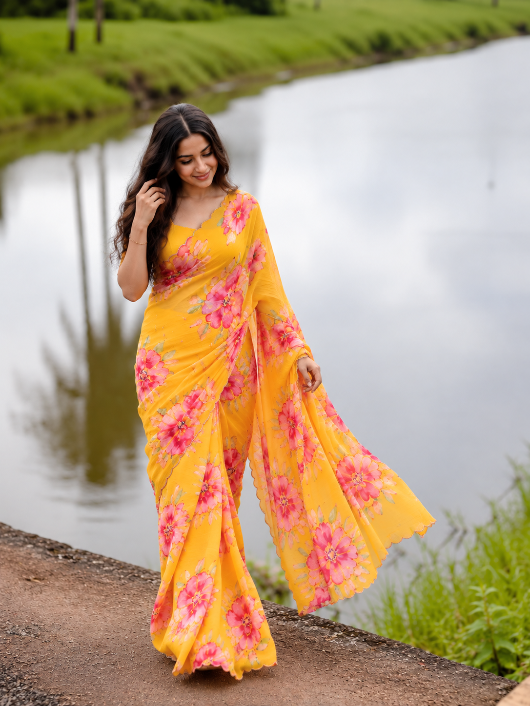 Varnika Pure Chinon Silk Saree | Floral Print & Khatli Handwork