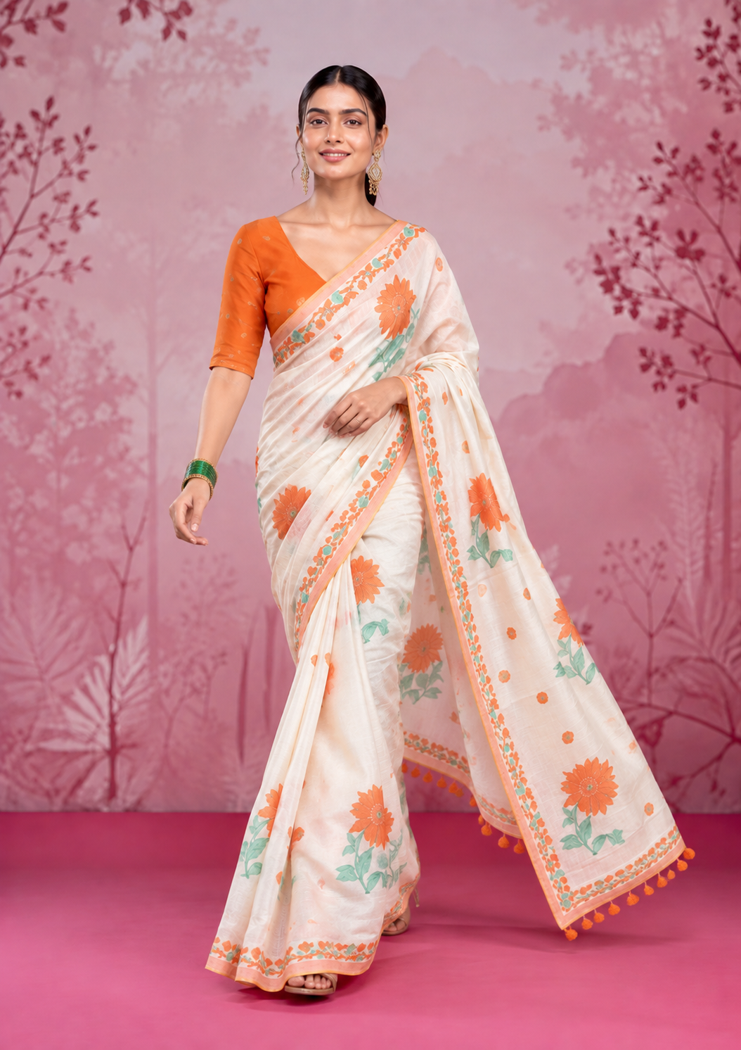 Mogra Soft Muga Cotton Saree | Jamdani Woven Border & Resham Butta