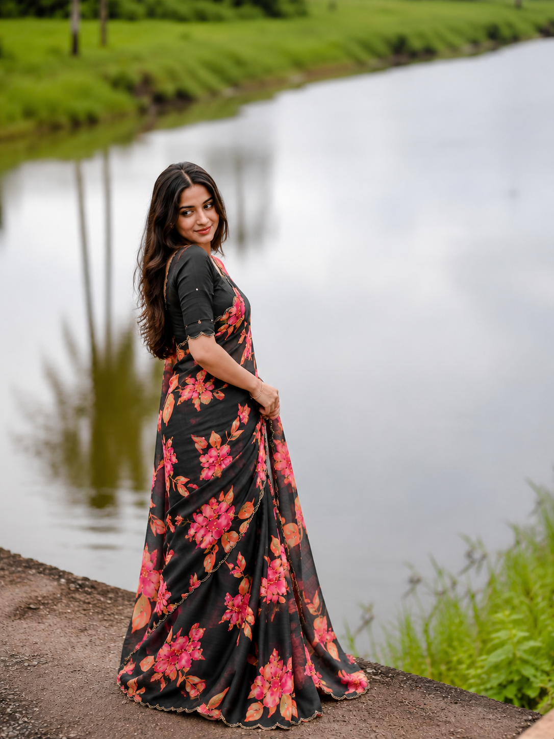 Varnika Pure Chinon Silk Saree | Floral Print & Khatli Handwork