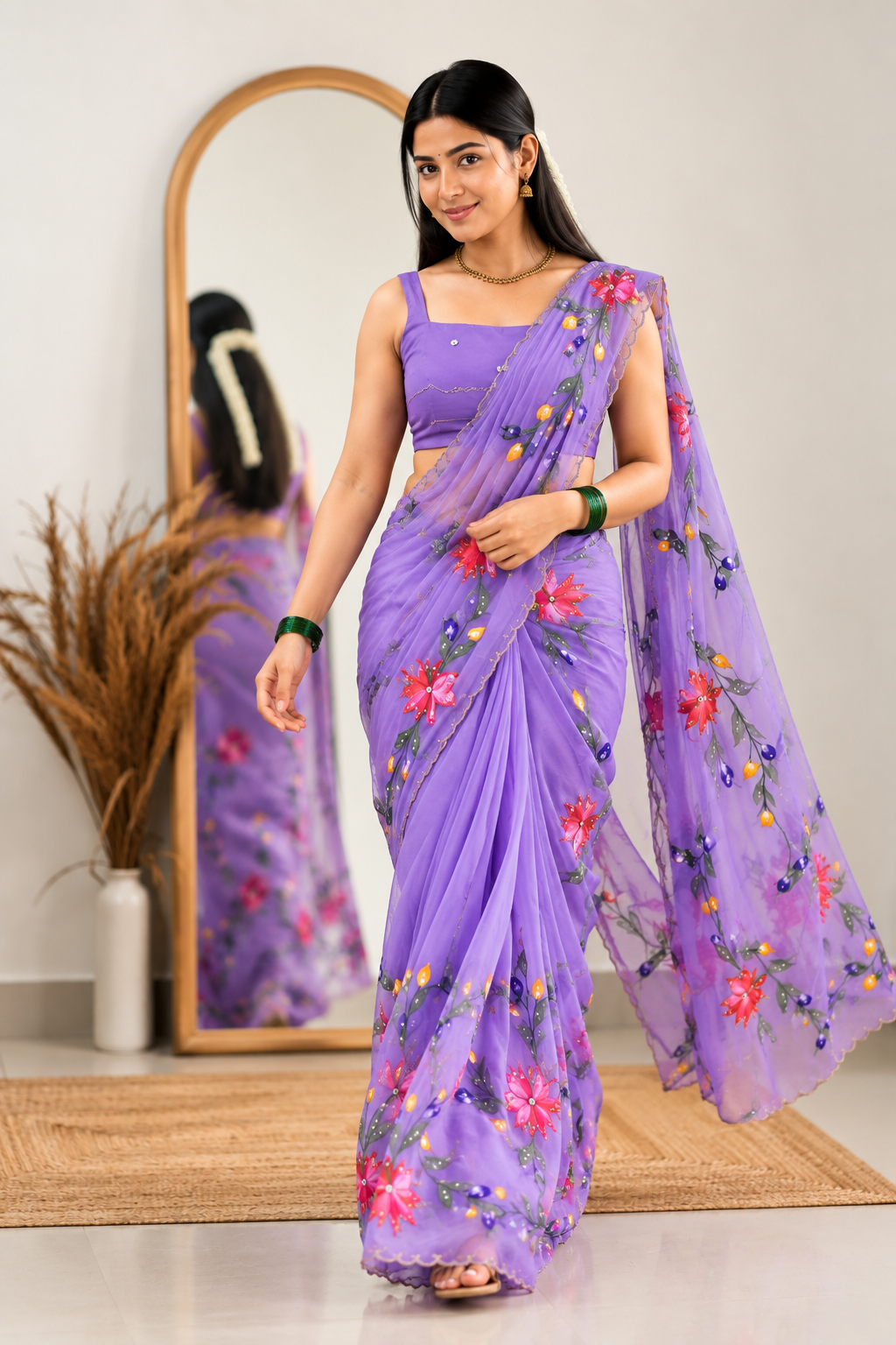 Chitrali Pure Chiffon Saree | Hand-Painted Floral & Khatli Work