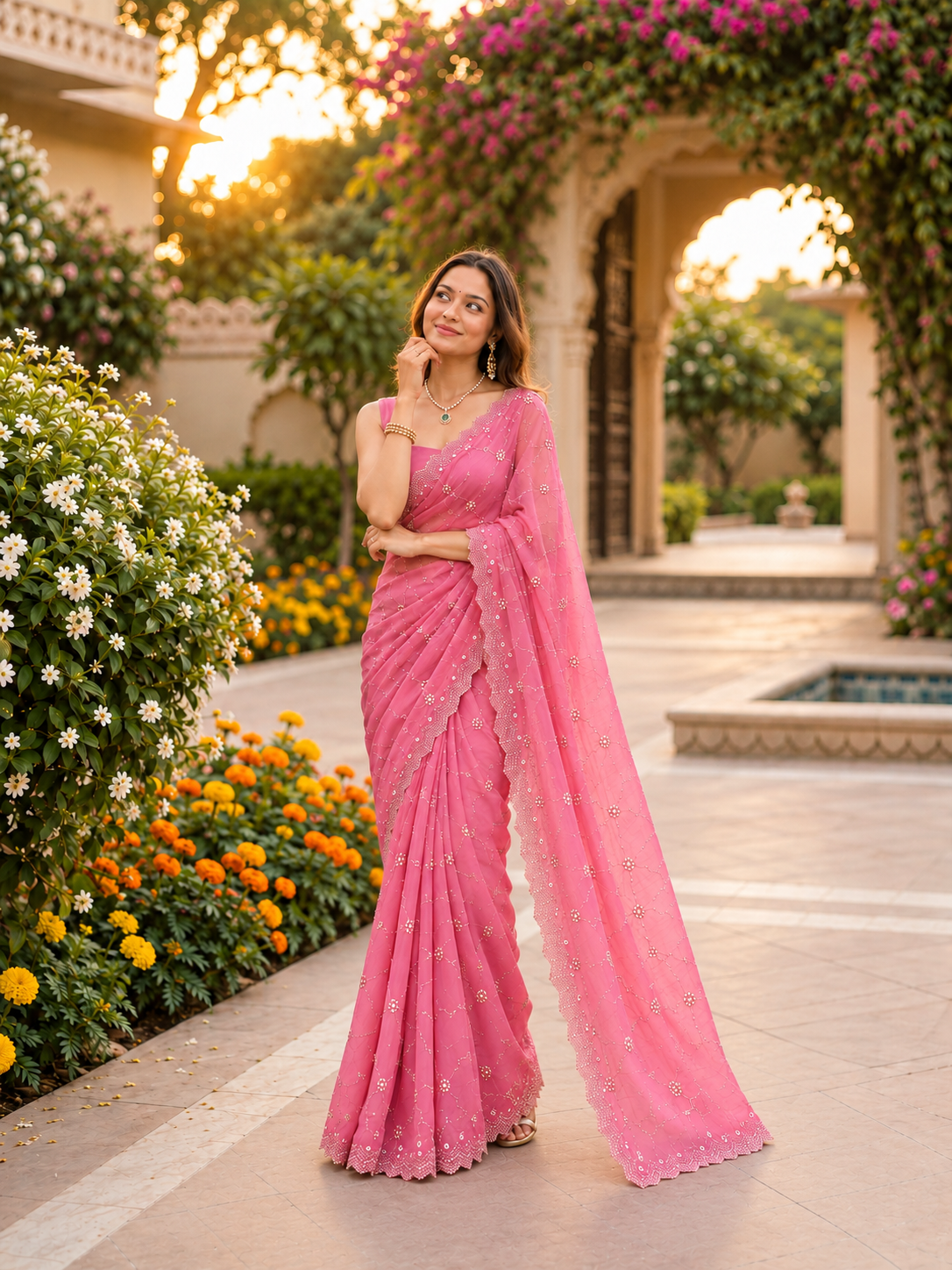 Rosé Soft Vari Chiffon Saree | Sequin & Bead Embroidery