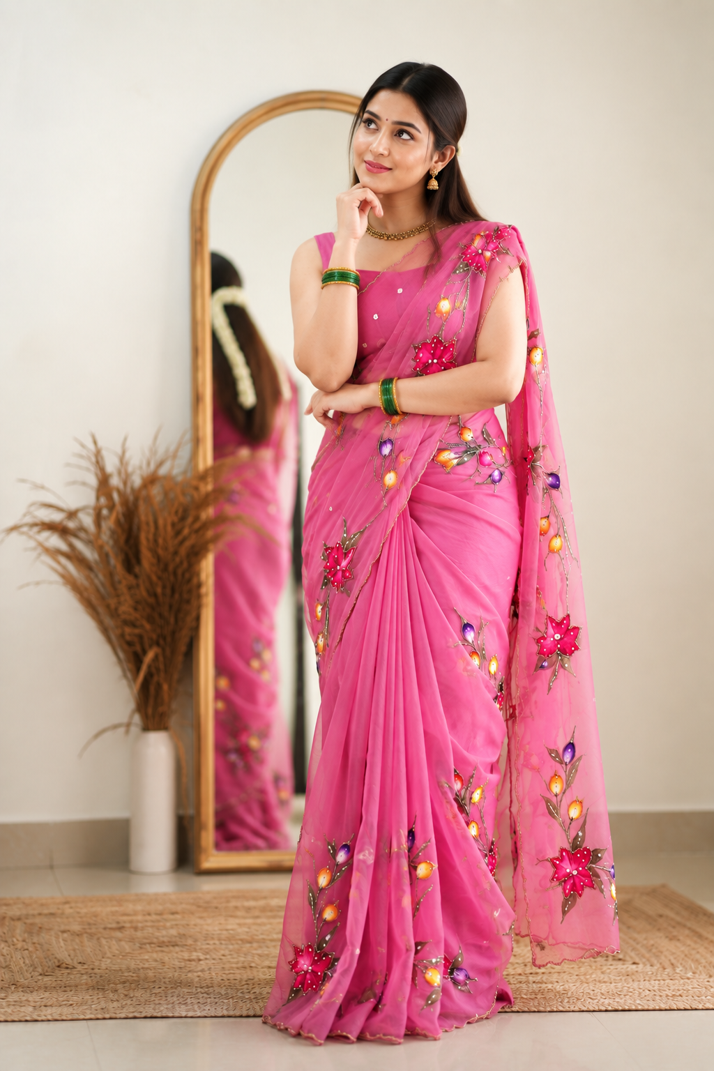 Chitrali Pure Chiffon Saree | Hand-Painted Floral & Khatli Work