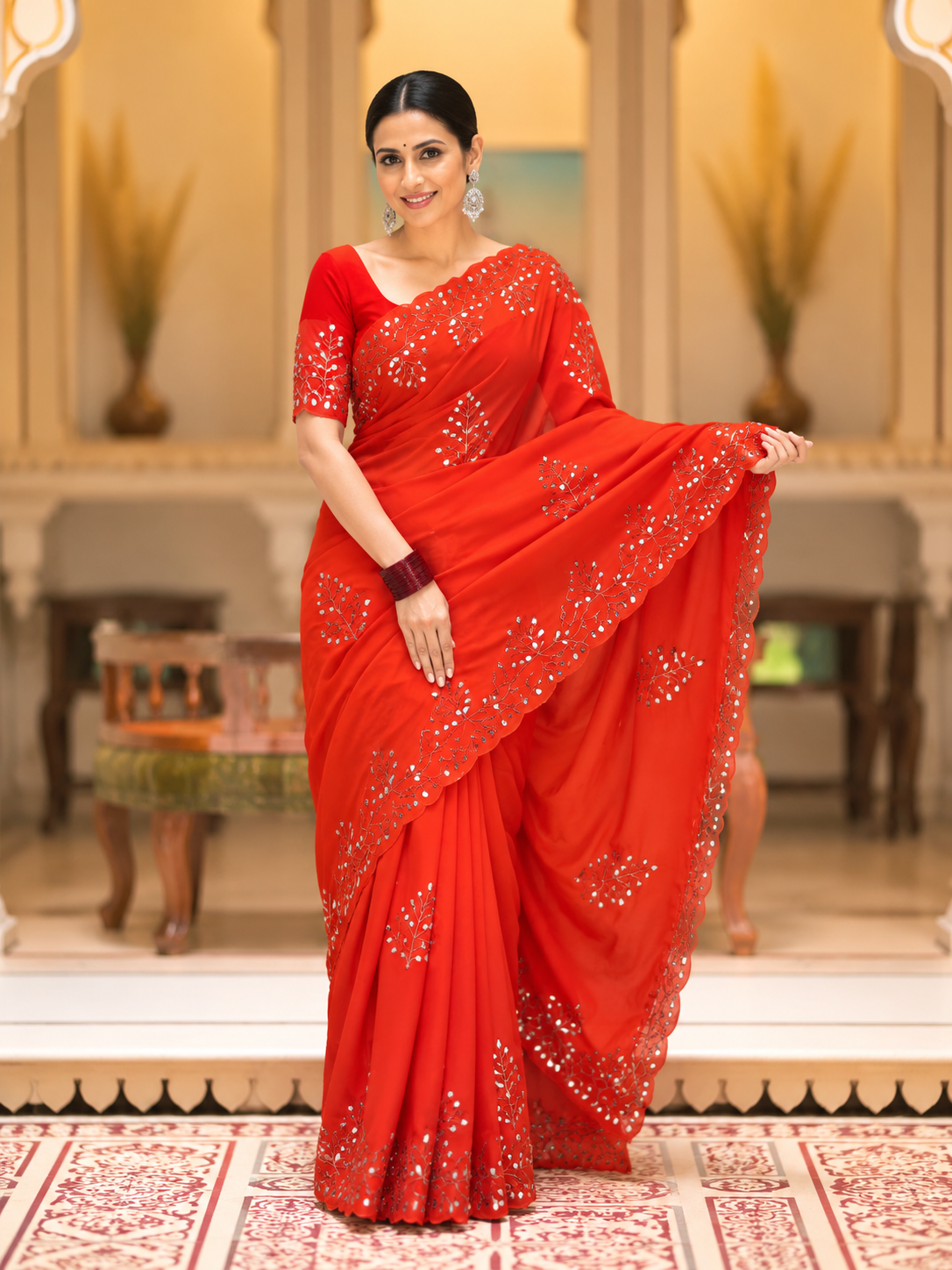Evara Pure Georgette Saree | Handcrafted Mirror & Khatli Work