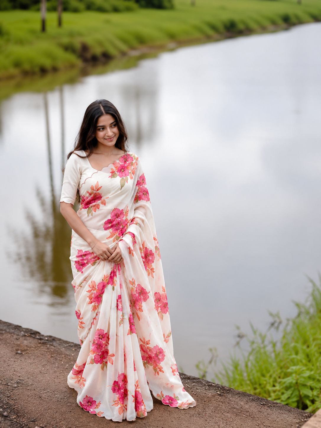 Varnika Pure Chinon Silk Saree | Floral Print & Khatli Handwork