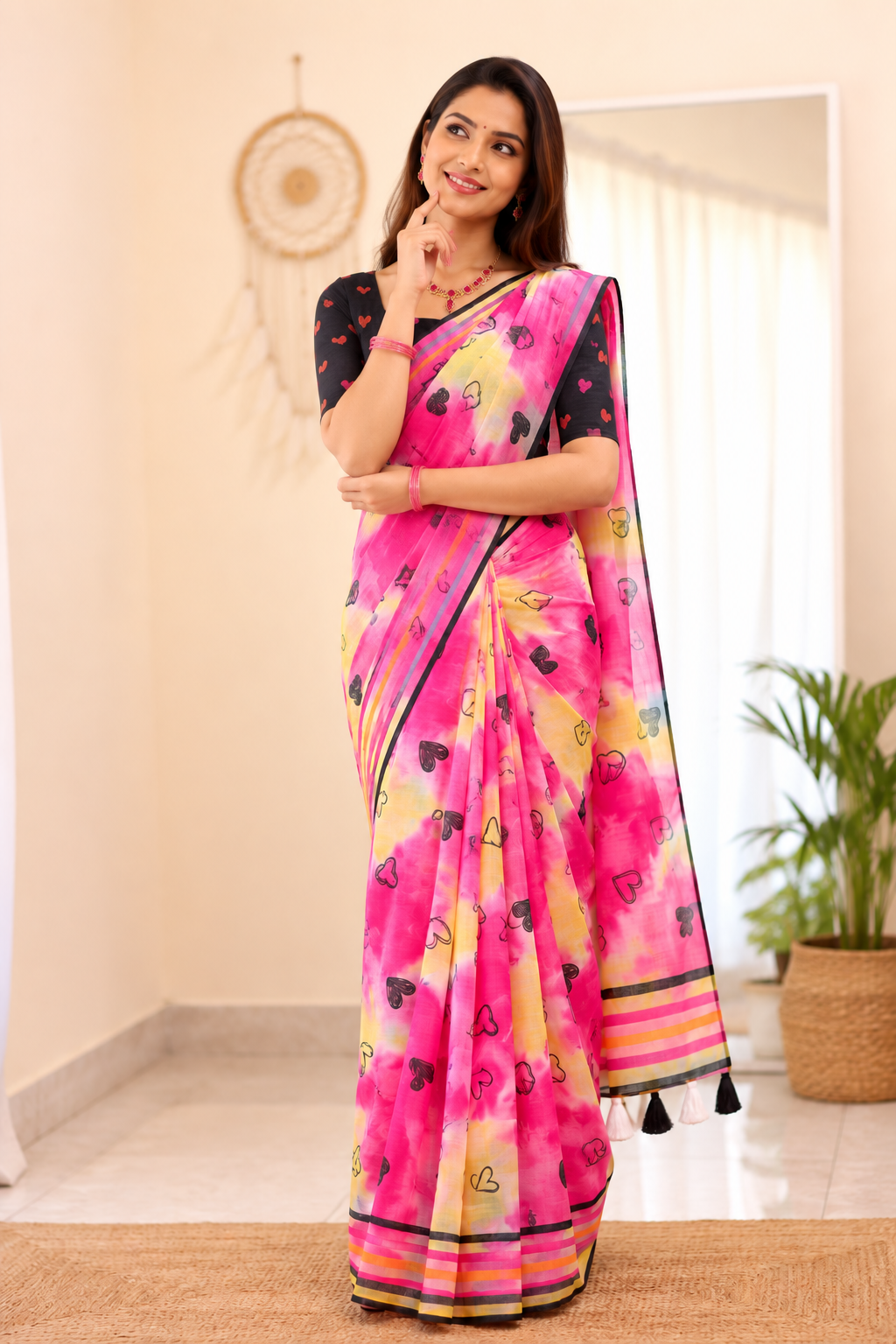 Amouré Linen Saree | Heart Print & Striped Border