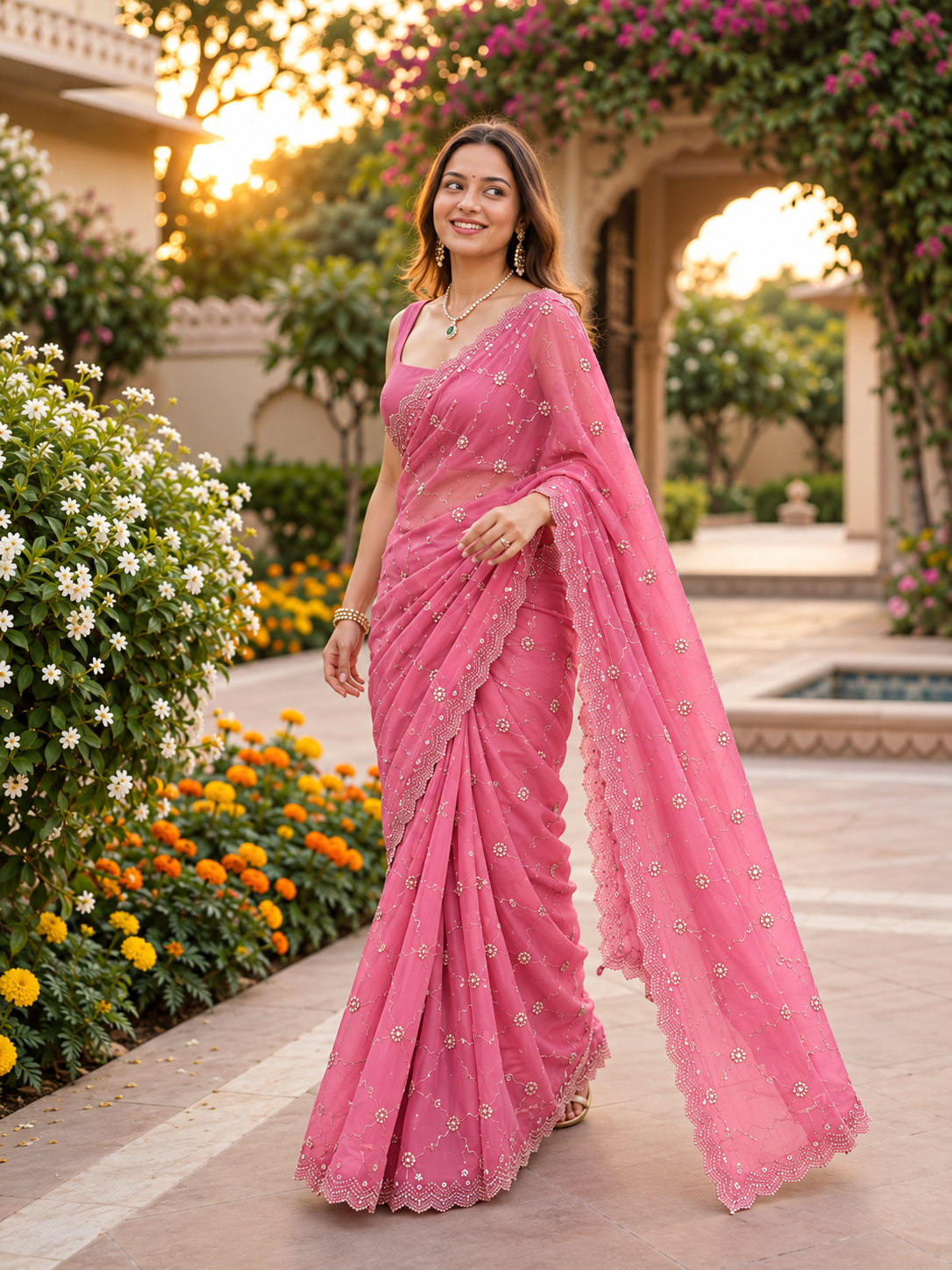 Rosé Soft Vari Chiffon Saree | Sequin & Bead Embroidery