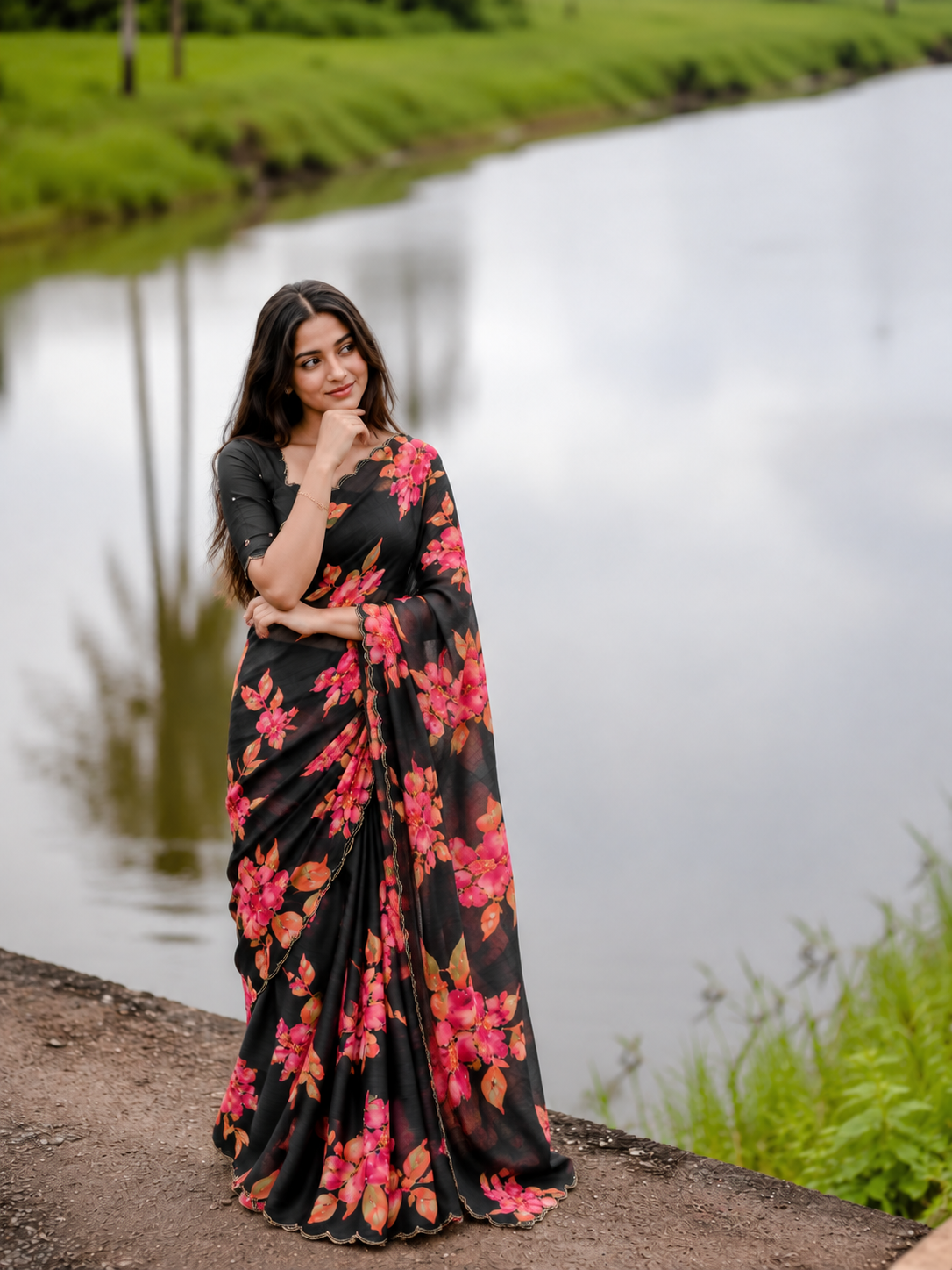 Varnika Pure Chinon Silk Saree | Floral Print & Khatli Handwork
