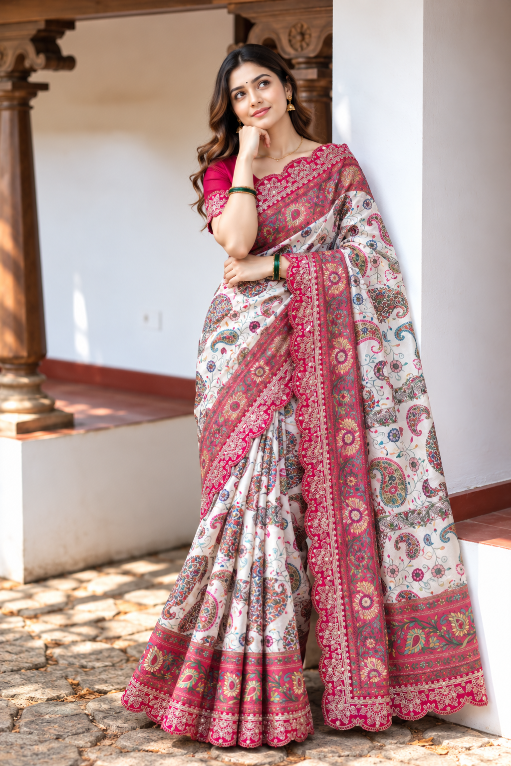 Riwaayat Designer Dola Banarasi Saree | Digital Print & Sequin Border