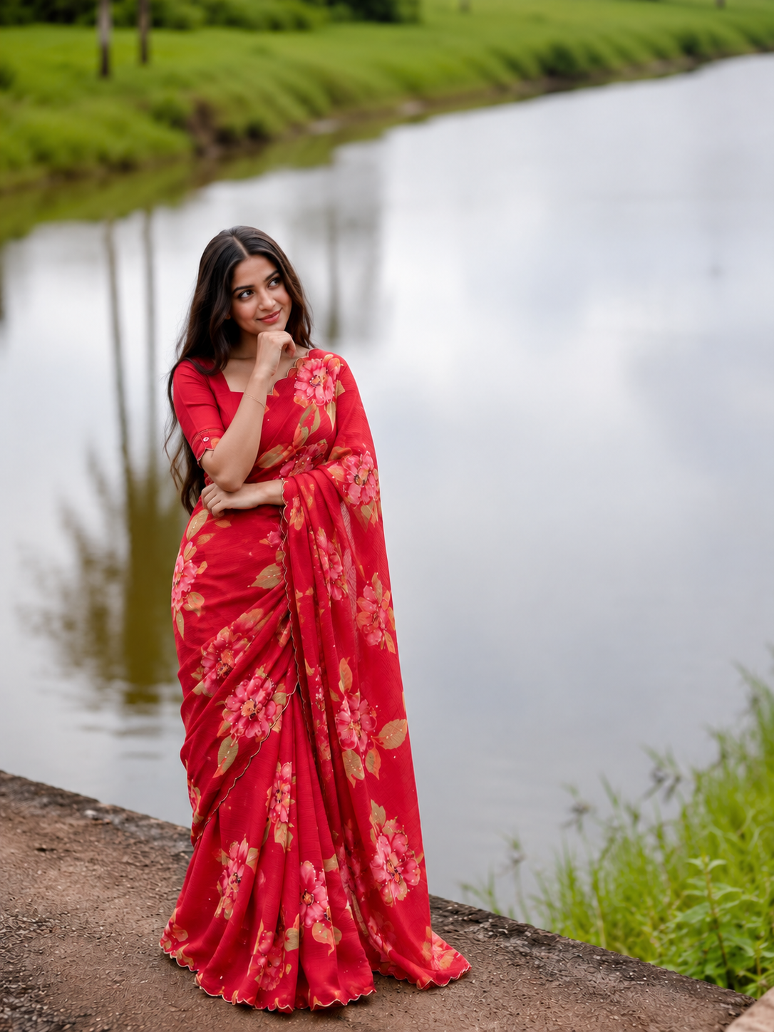 Varnika Pure Chinon Silk Saree | Floral Print & Khatli Handwork