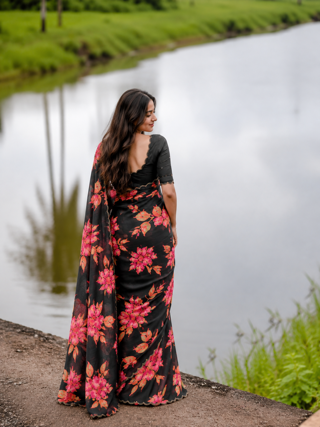 Varnika Pure Chinon Silk Saree | Floral Print & Khatli Handwork