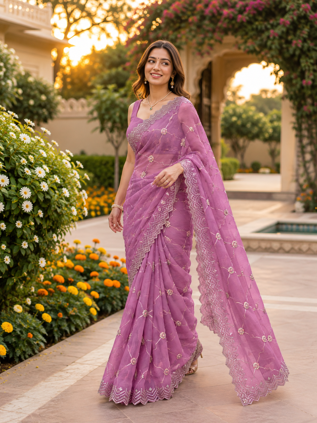 Rosé Soft Vari Chiffon Saree | Sequin & Bead Embroidery