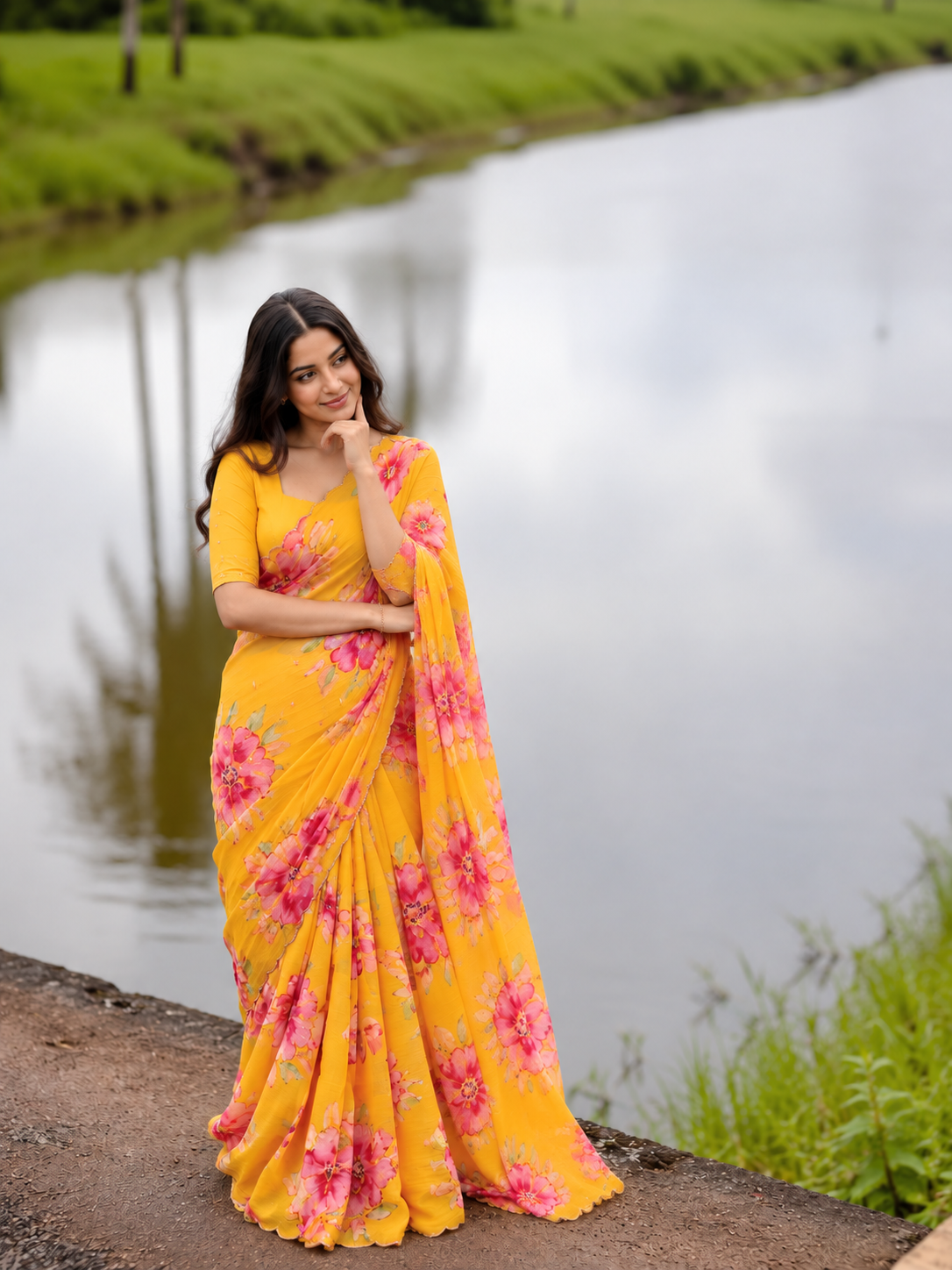 Varnika Pure Chinon Silk Saree | Floral Print & Khatli Handwork