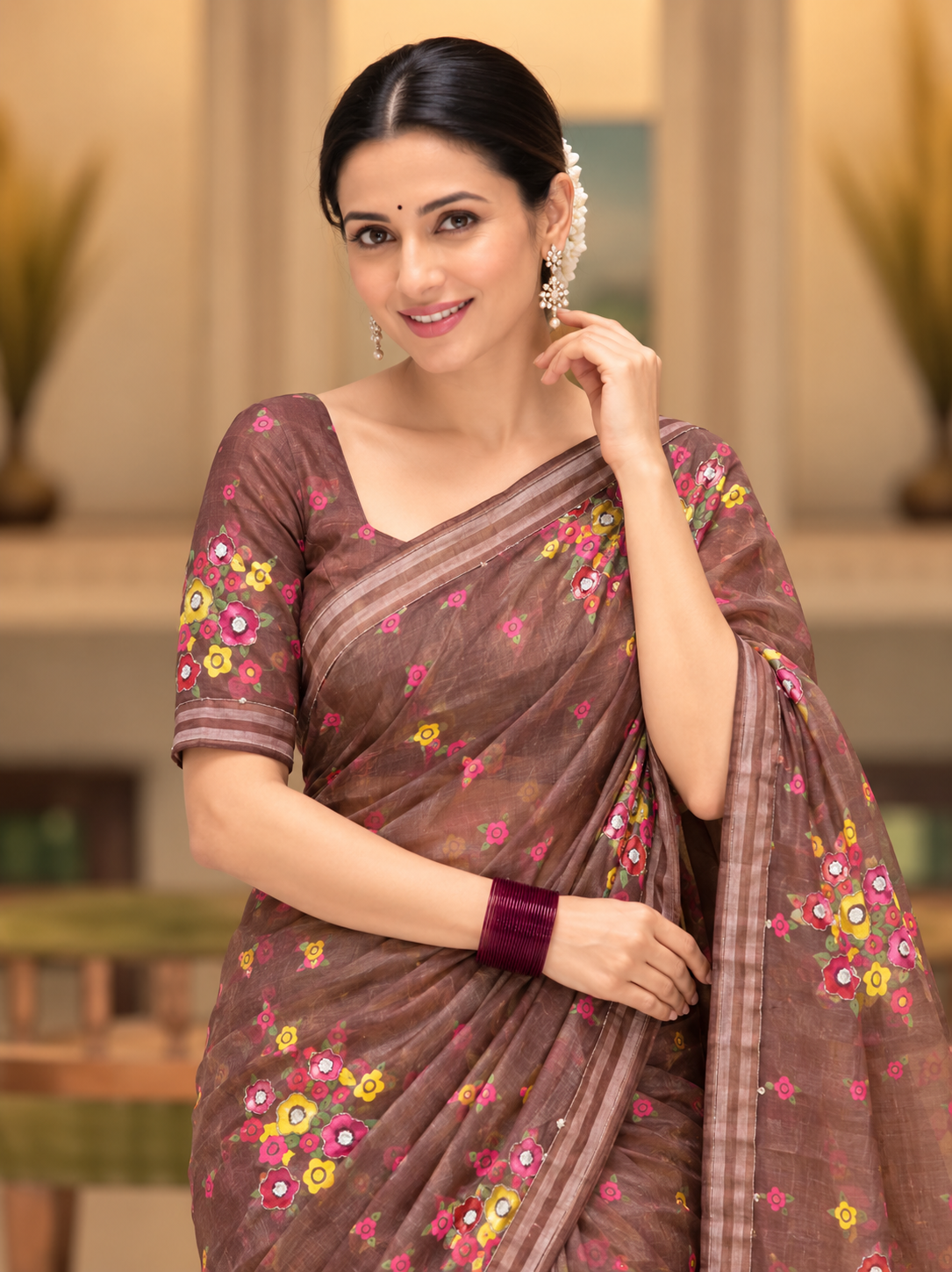 Cocoa Bloom Tebby Silk Saree | Floral Print, Katdana & Sequin Work