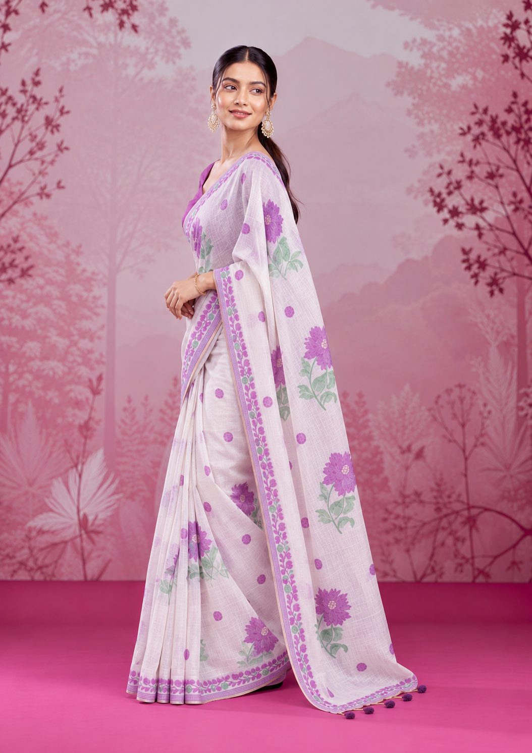 Mogra Soft Muga Cotton Saree | Jamdani Woven Border & Resham Butta