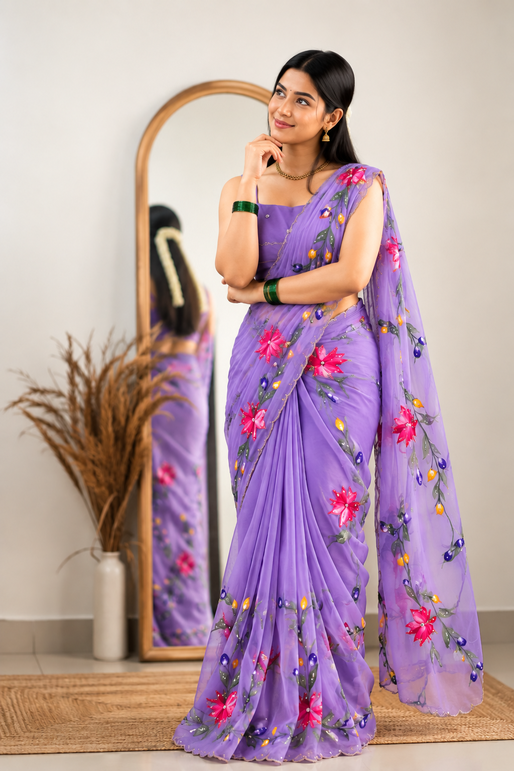 Chitrali Pure Chiffon Saree | Hand-Painted Floral & Khatli Work