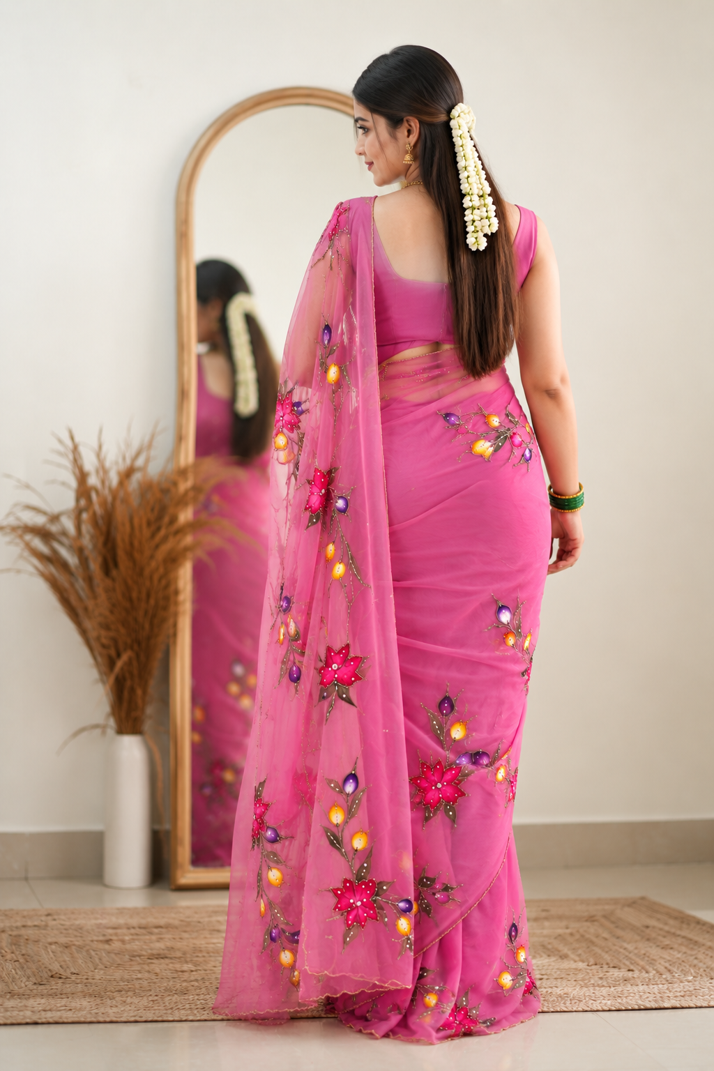 Chitrali Pure Chiffon Saree | Hand-Painted Floral & Khatli Work