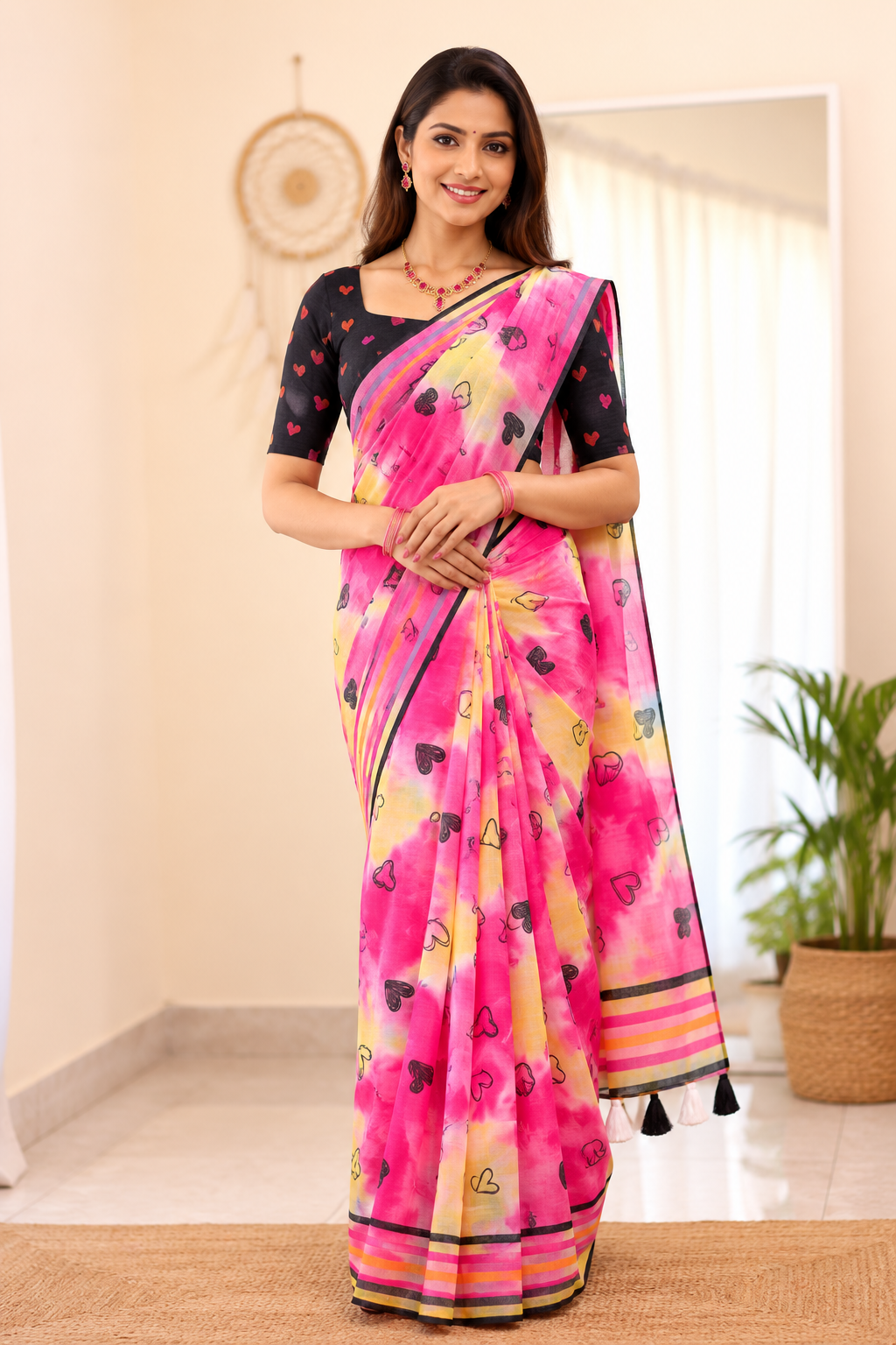 Amouré Linen Saree | Heart Print & Striped Border
