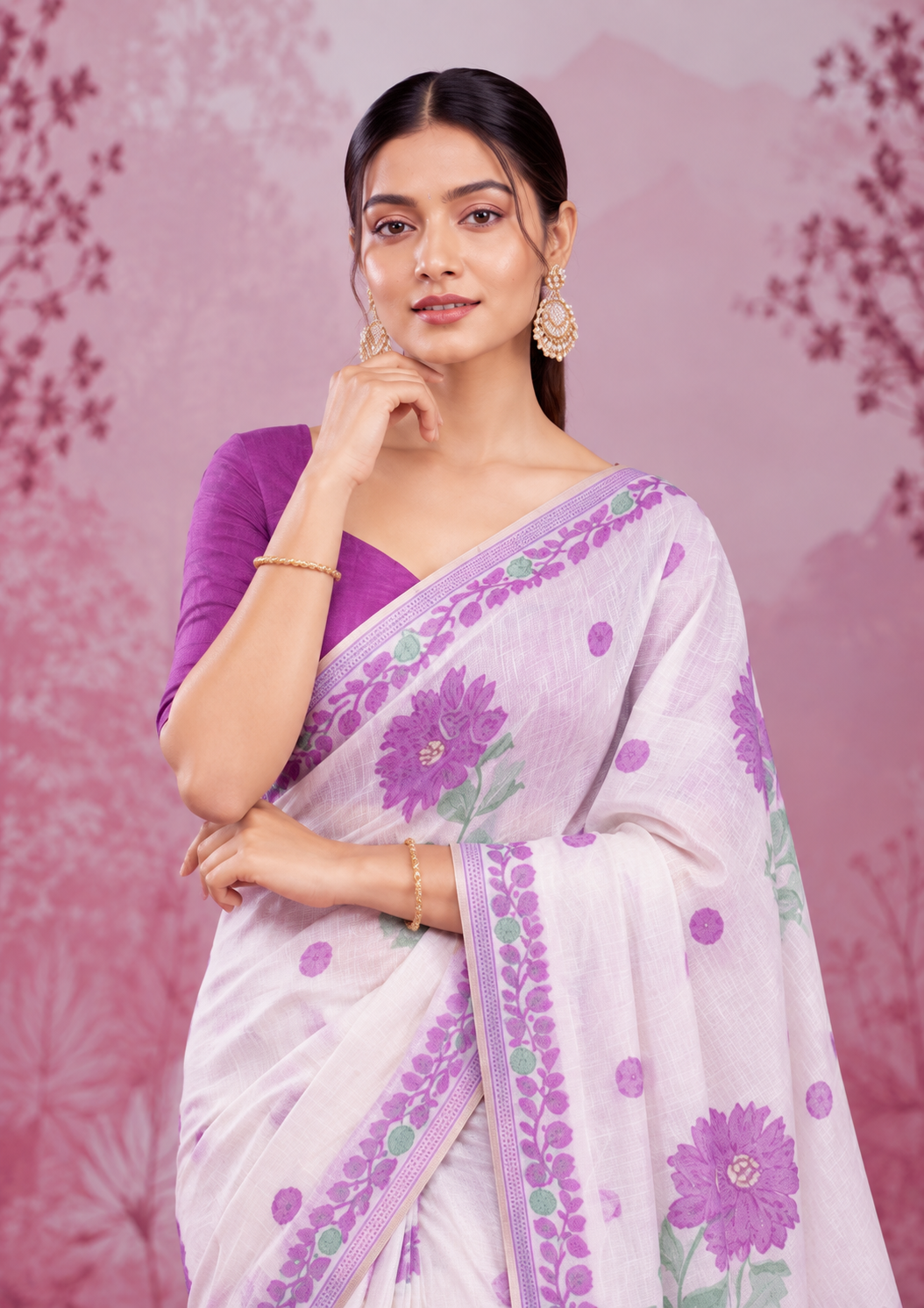 Mogra Soft Muga Cotton Saree | Jamdani Woven Border & Resham Butta
