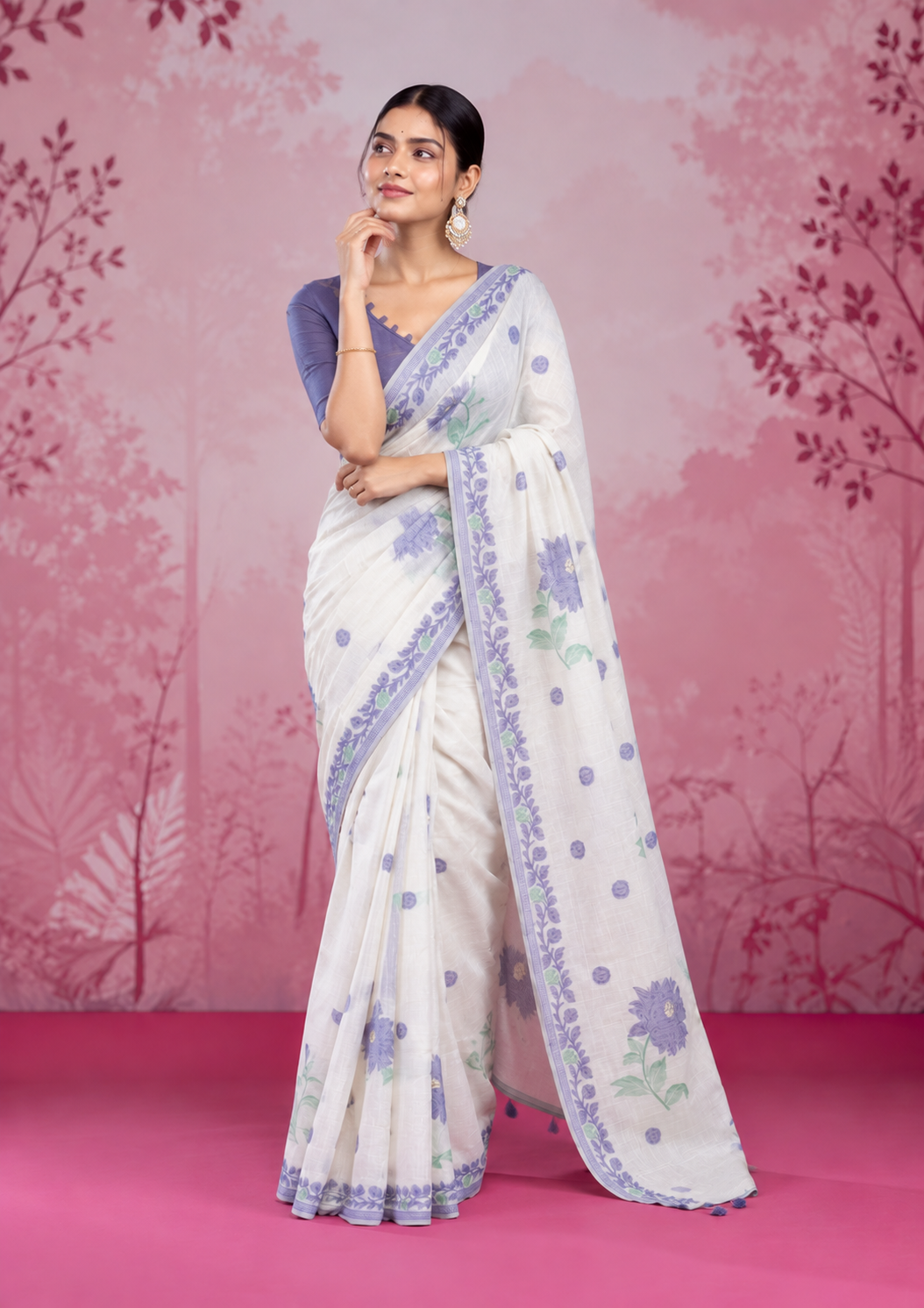 Mogra Soft Muga Cotton Saree | Jamdani Woven Border & Resham Butta
