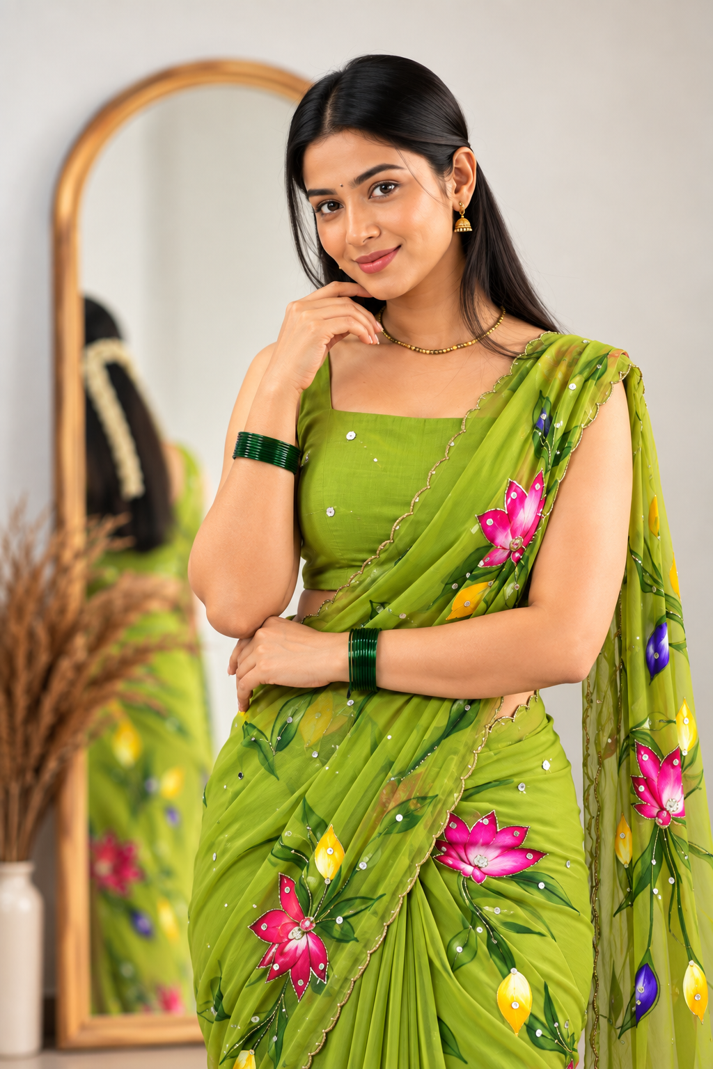 Chitrali Pure Chiffon Saree | Hand-Painted Floral & Khatli Work