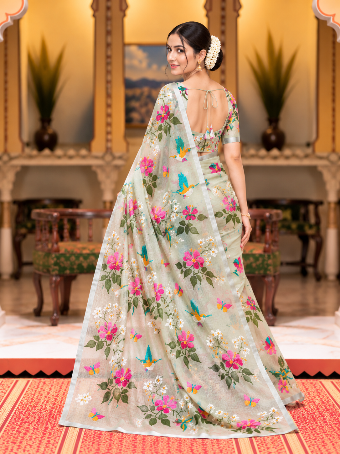 Meadow Song Pure Kota Doriya Saree | Floral & Bird Embroidery