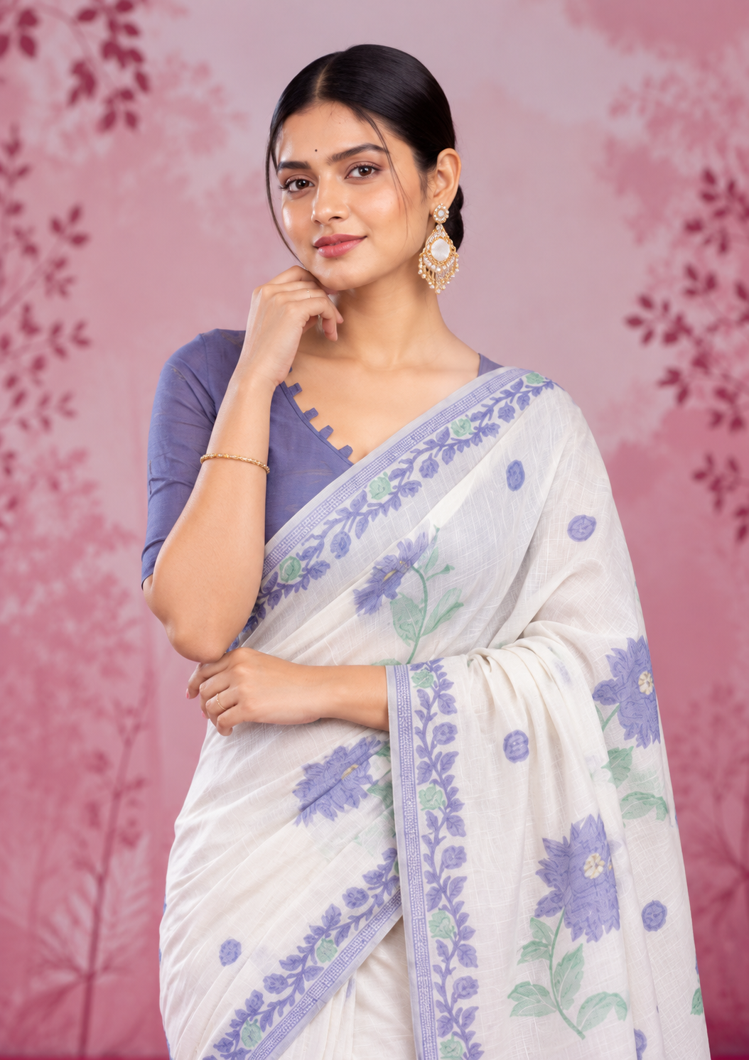 Mogra Soft Muga Cotton Saree | Jamdani Woven Border & Resham Butta