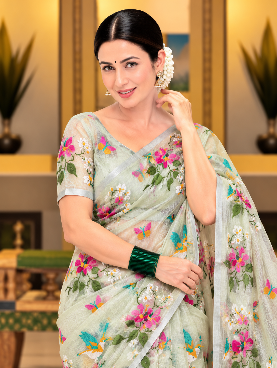 Meadow Song Pure Kota Doriya Saree | Floral & Bird Embroidery