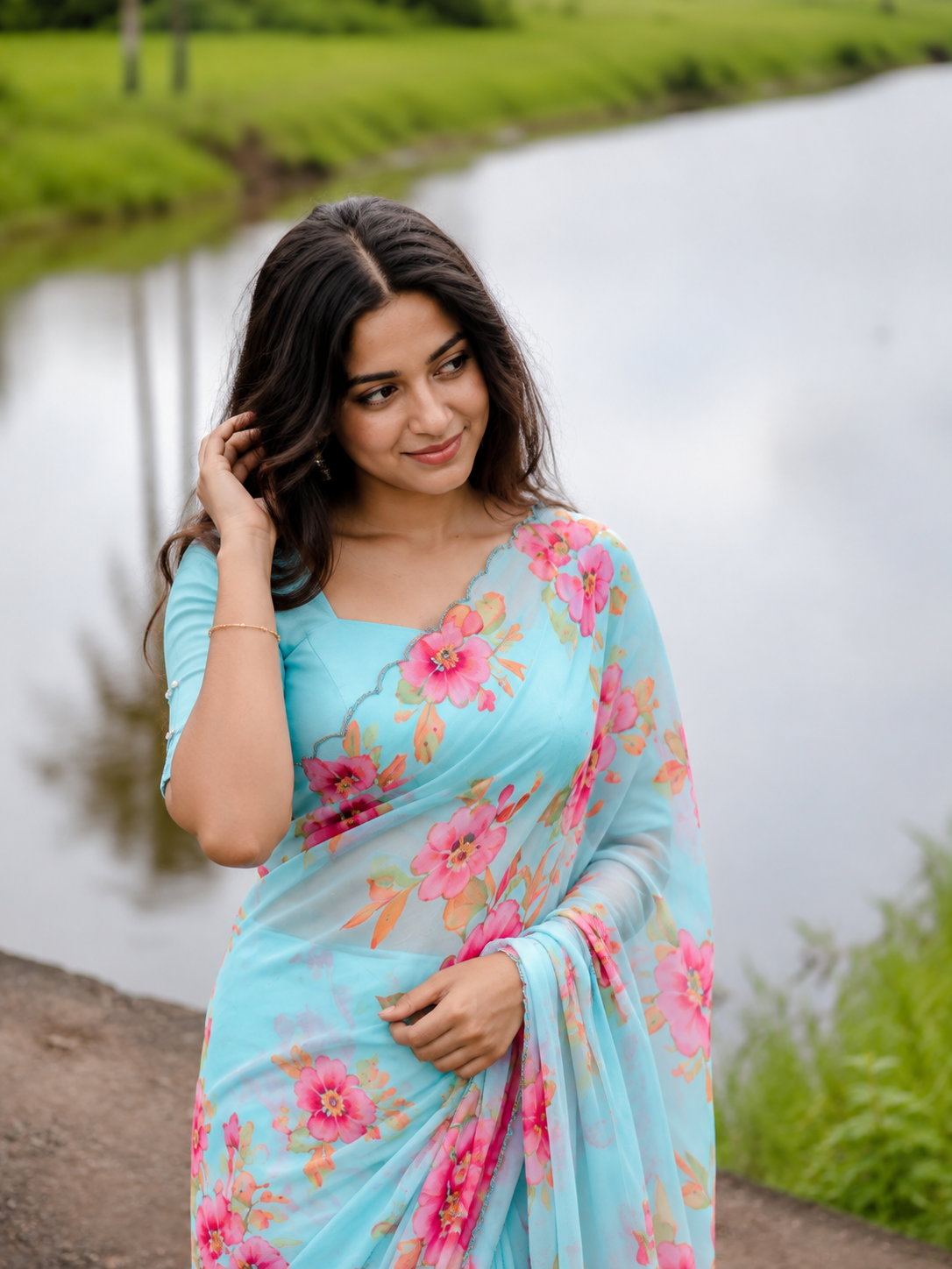 Varnika Pure Chinon Silk Saree | Floral Print & Khatli Handwork