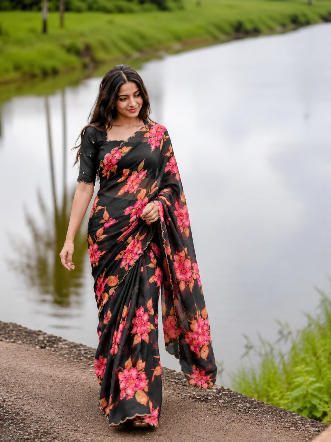 Varnika Pure Chinon Silk Saree | Floral Print & Khatli Handwork