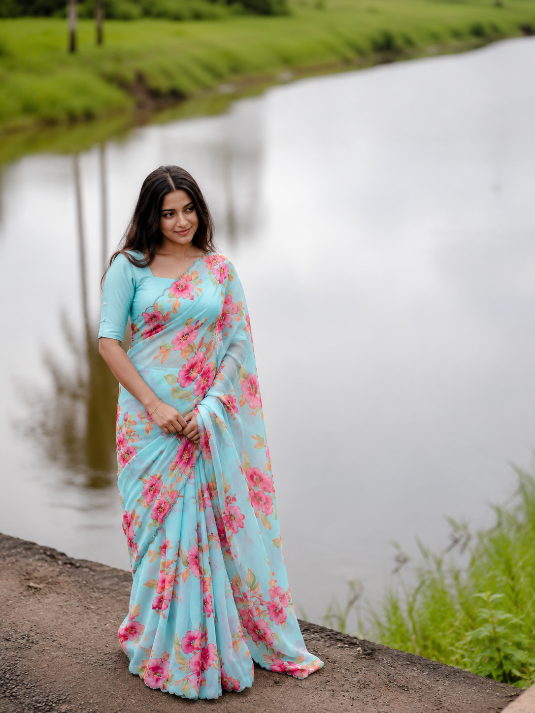 Varnika Pure Chinon Silk Saree | Floral Print & Khatli Handwork