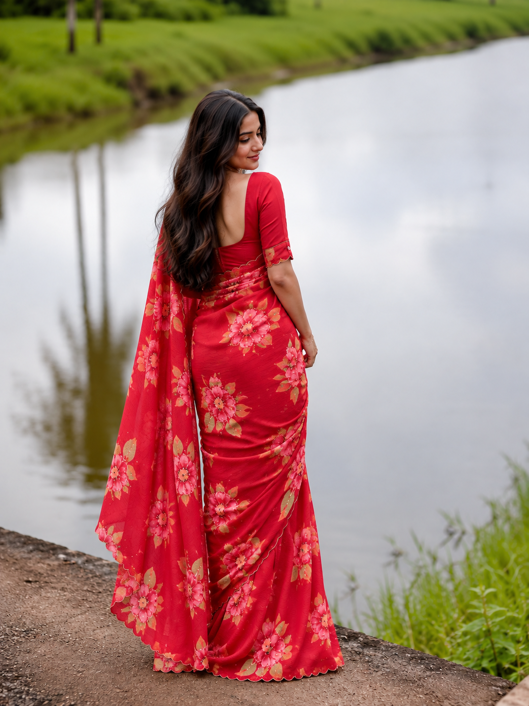Varnika Pure Chinon Silk Saree | Floral Print & Khatli Handwork