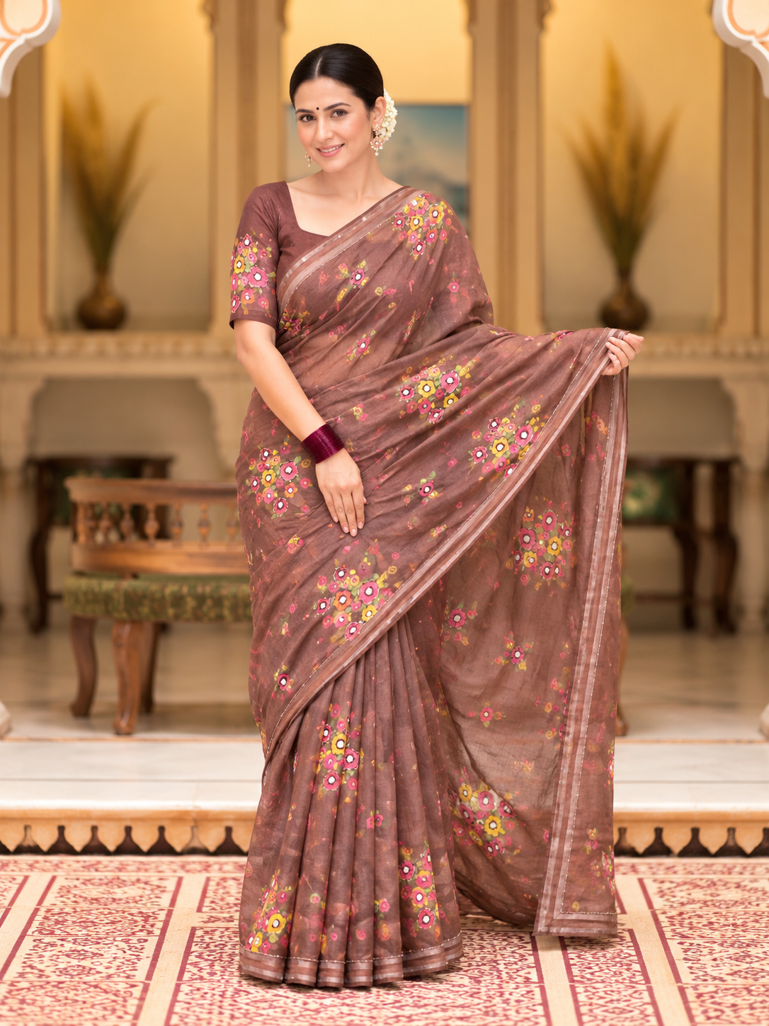 Cocoa Bloom Tebby Silk Saree | Floral Print, Katdana & Sequin Work