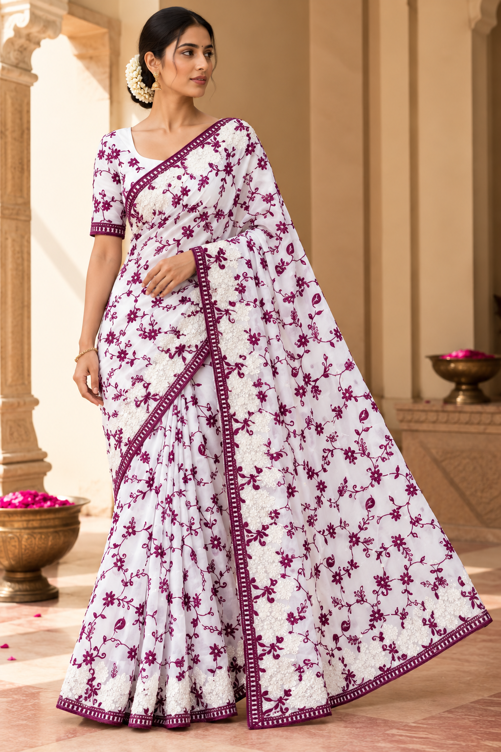 Kashida Georgette Saree | Chikankari & Cutwork Embroidery