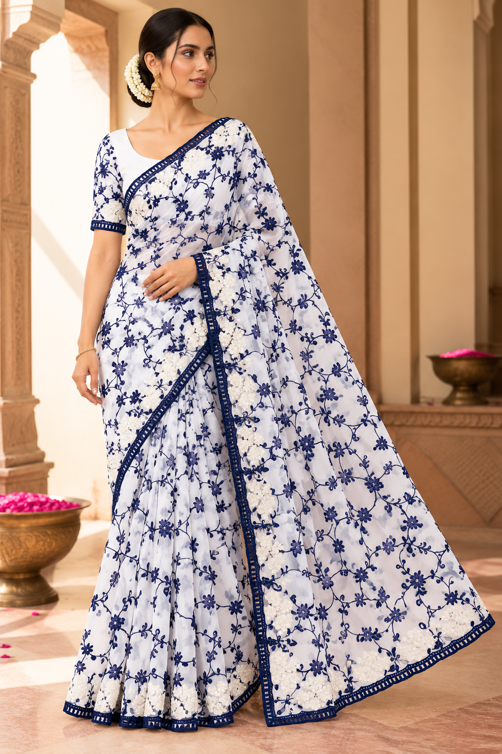 Kashida Georgette Saree | Chikankari & Cutwork Embroidery