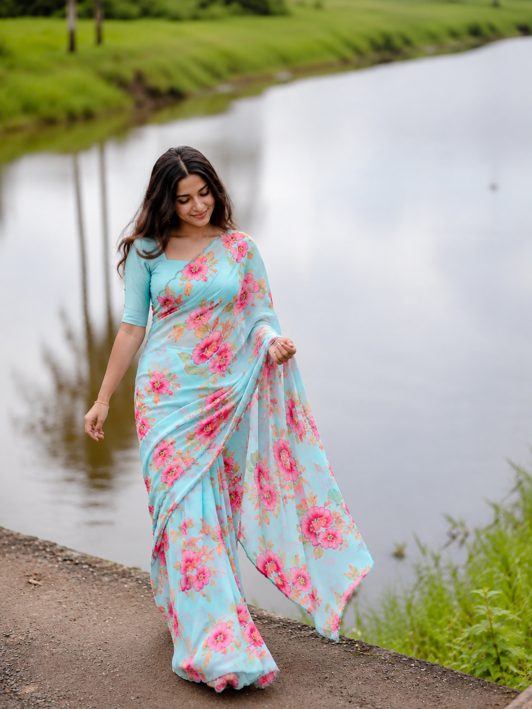 Varnika Pure Chinon Silk Saree | Floral Print & Khatli Handwork