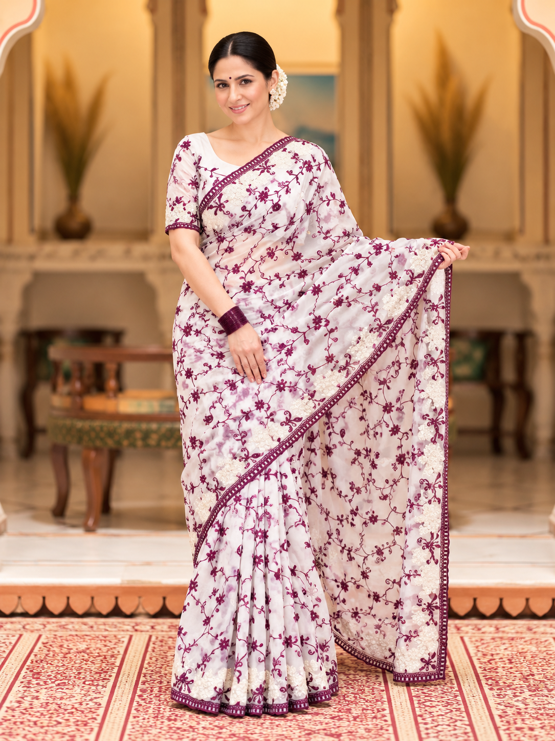 Kashida Georgette Saree | Chikankari & Cutwork Embroidery