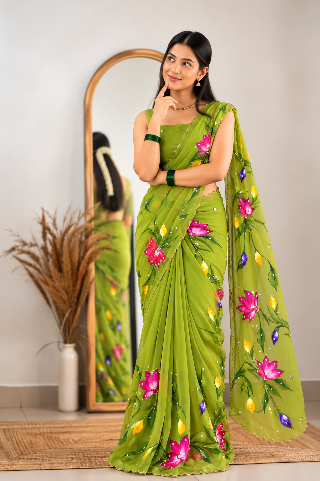 Chitrali Pure Chiffon Saree | Hand-Painted Floral & Khatli Work