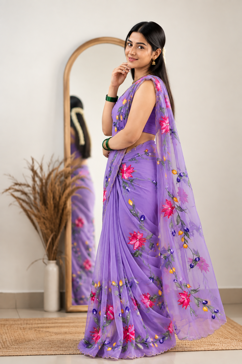 Chitrali Pure Chiffon Saree | Hand-Painted Floral & Khatli Work