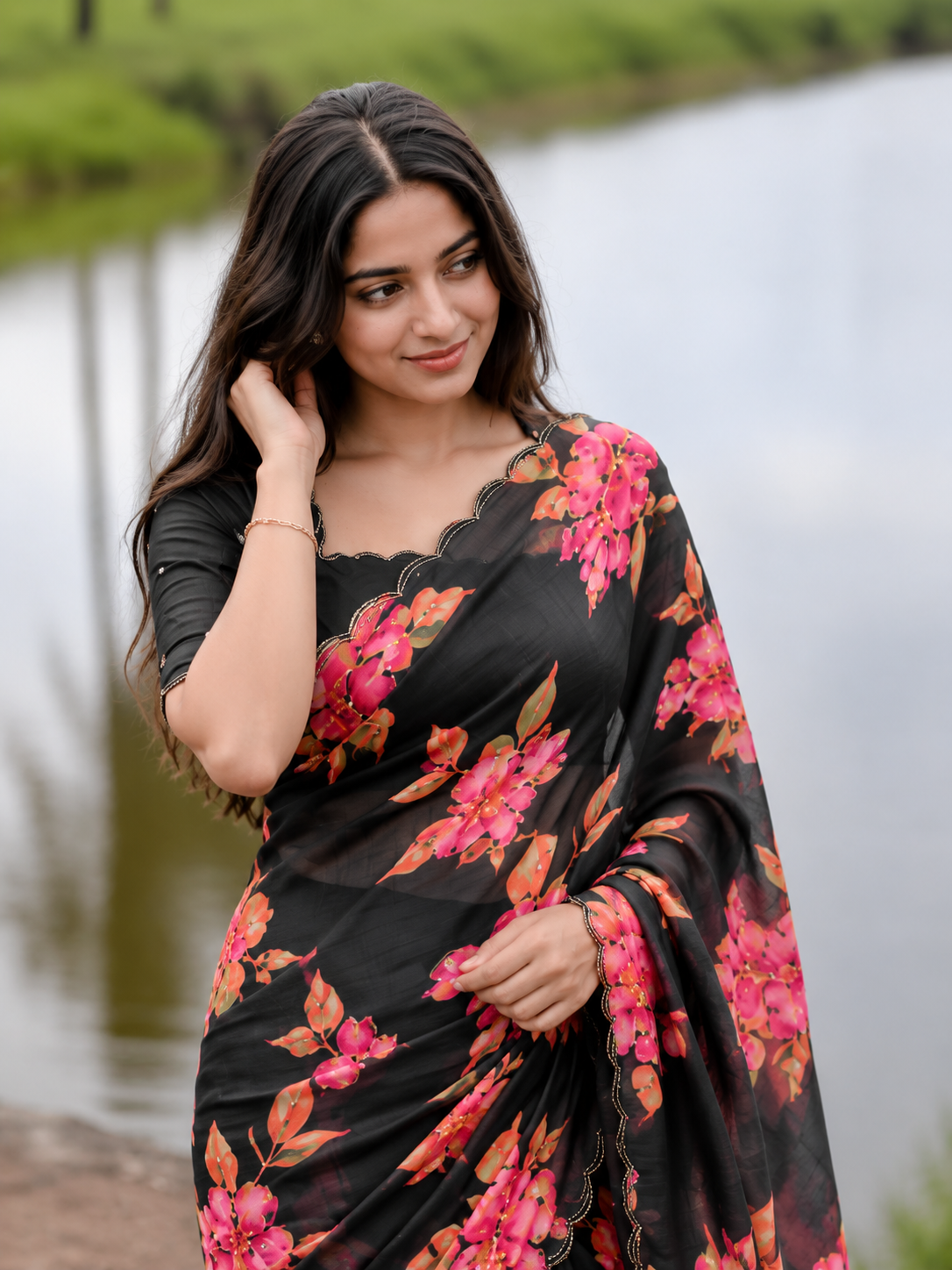 Varnika Pure Chinon Silk Saree | Floral Print & Khatli Handwork